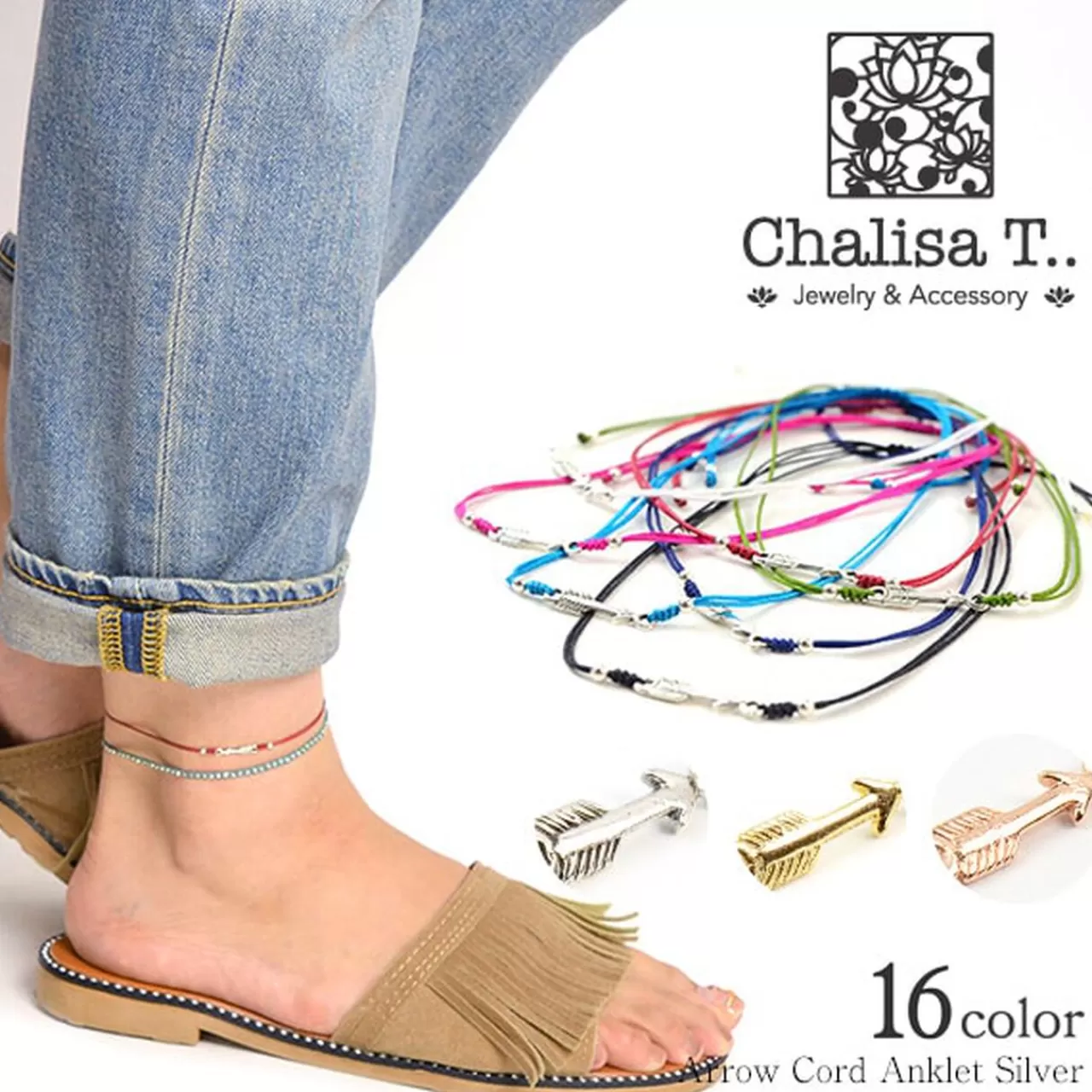 CHALISA T.. Anklets>Arrow Silver Notched Cord Anklet