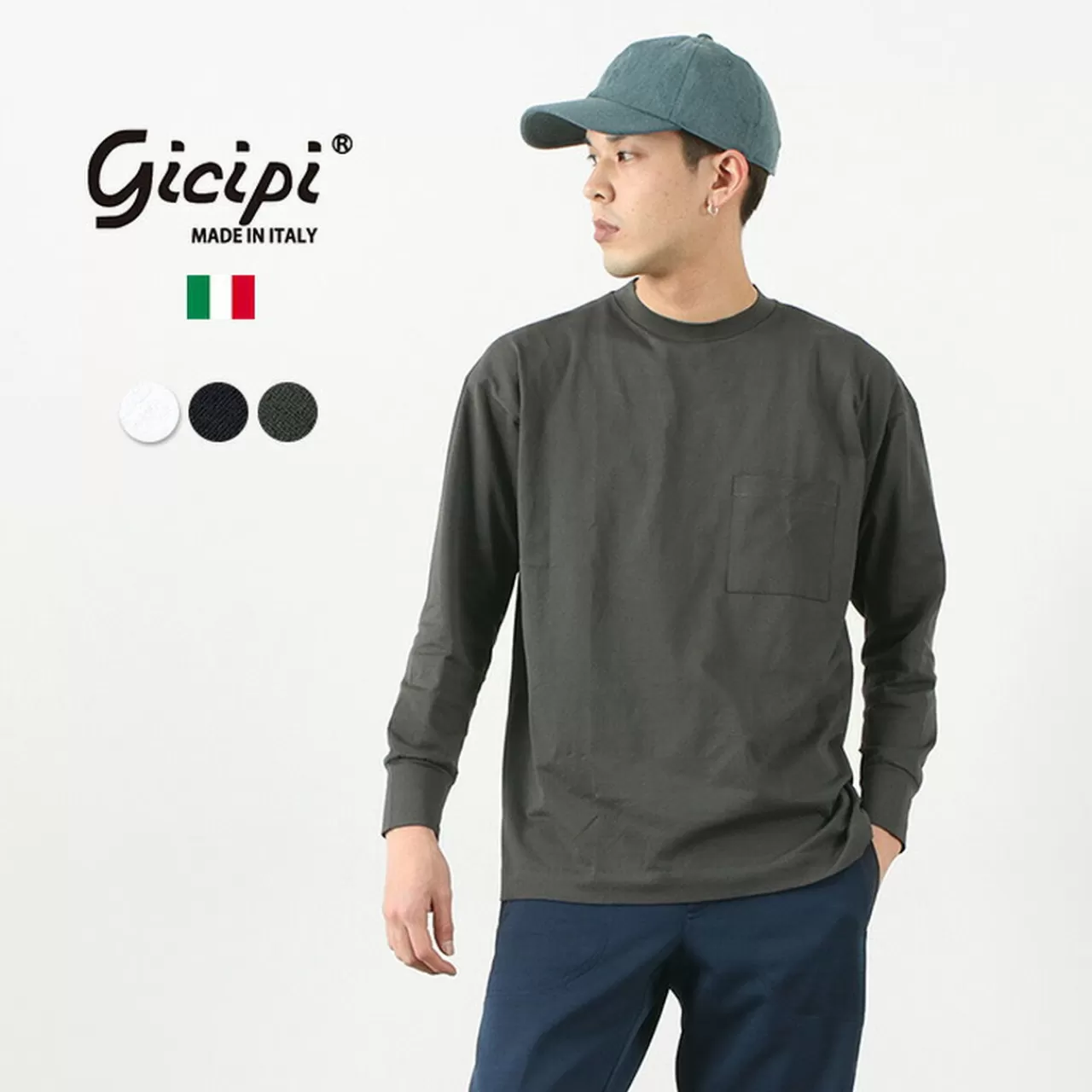 GICIPI Long Sleeves>Baccala Relaxed Fit Crew Neck Long Sleeve Pocket T-Shirt