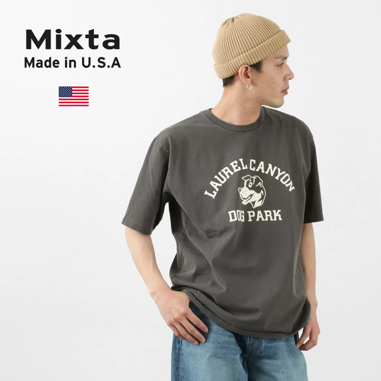 MIXTA Short Sleeves>Basic Crew Print T-Shirt (Dog Park) Vintageblack