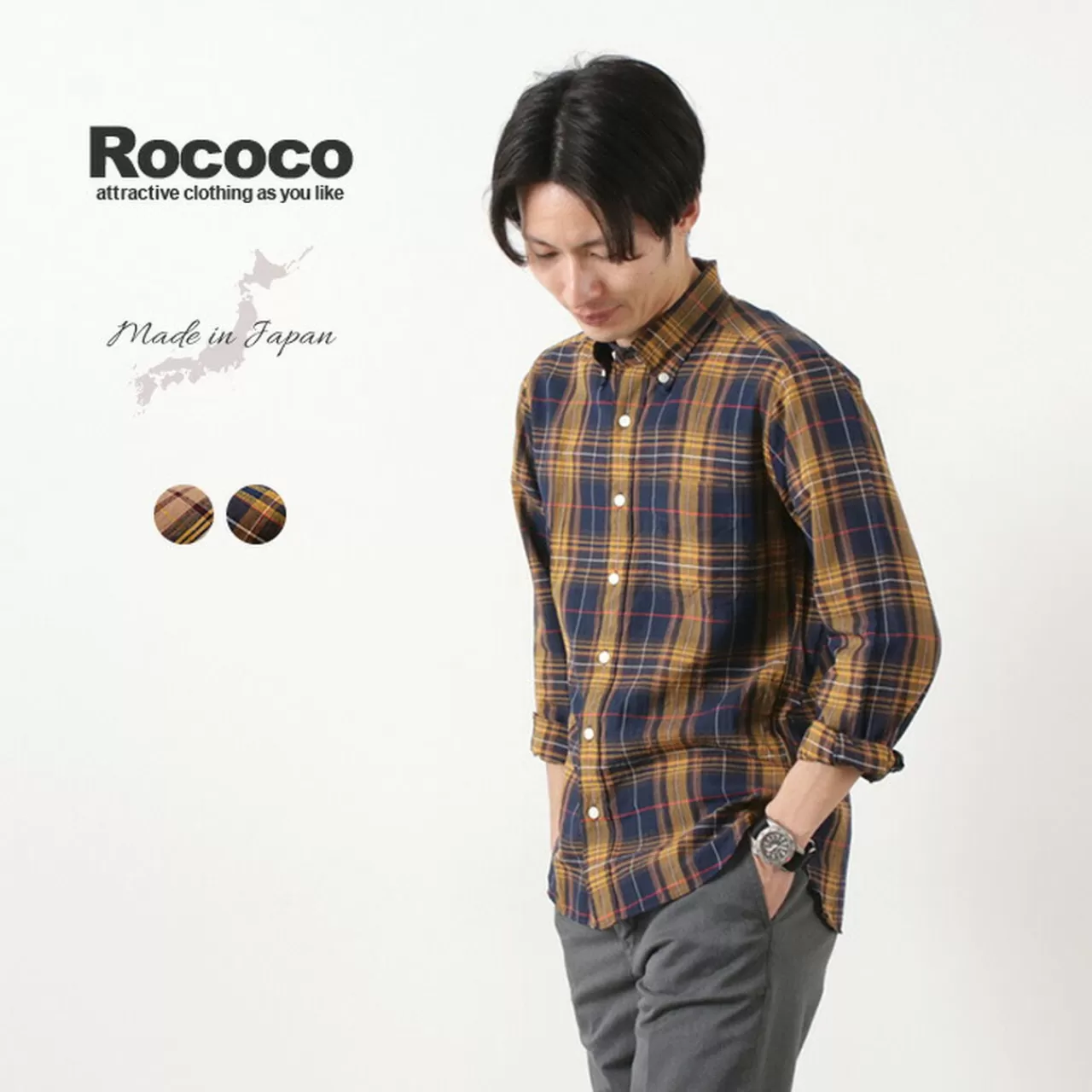 ROCOCO Long Sleeves>Cotton Linen Madras Check Button-Down Shirt