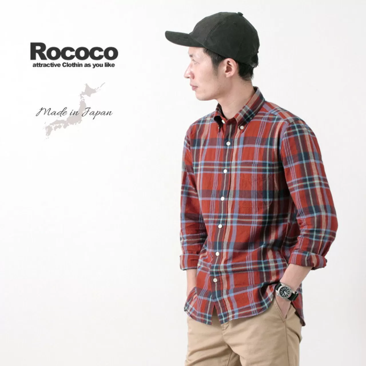 ROCOCO Long Sleeves>Cotton Linen Ramie Madras Check Button-Down Shirt Red