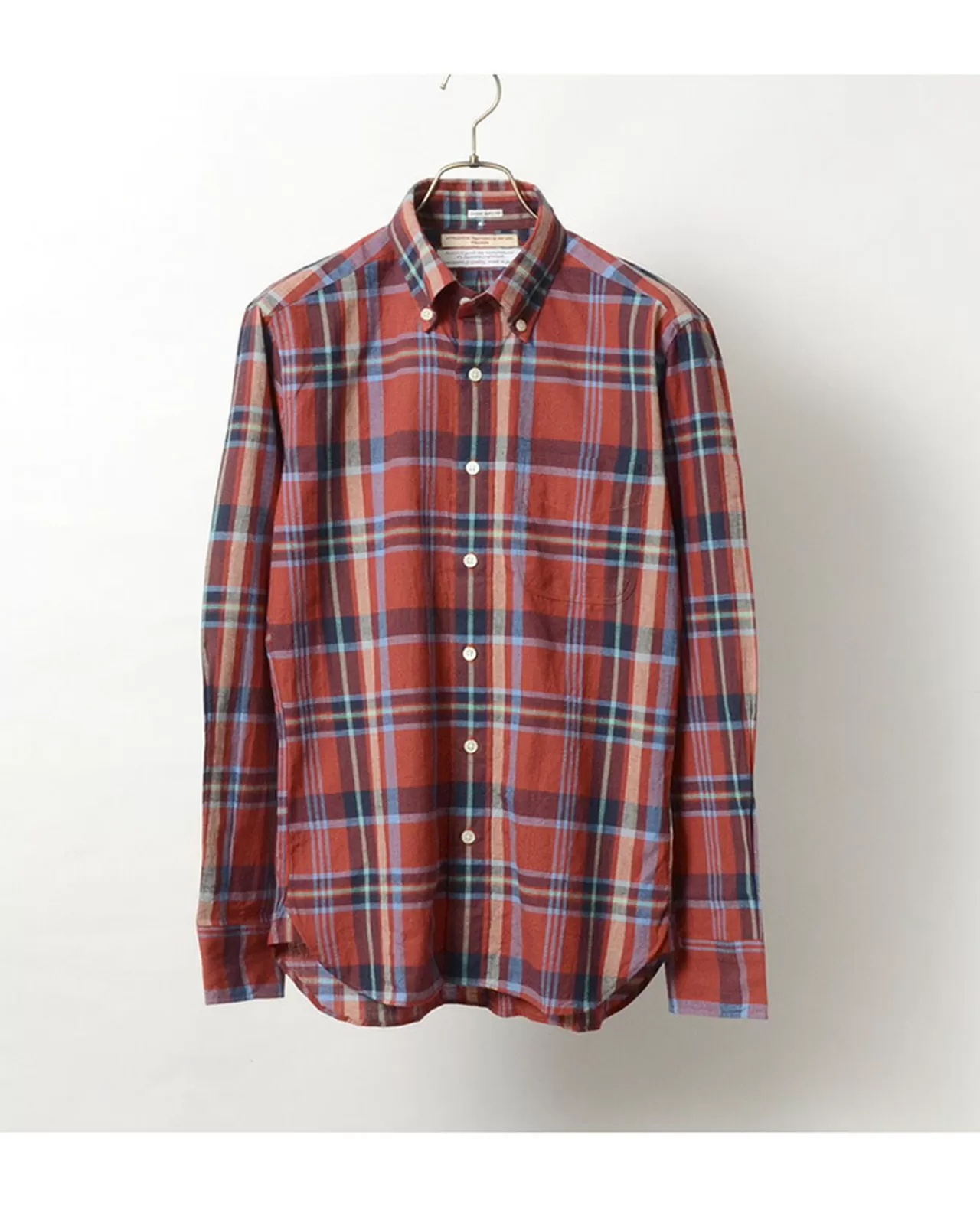 ROCOCO Long Sleeves>Cotton Linen Ramie Madras Check Button-Down Shirt Red