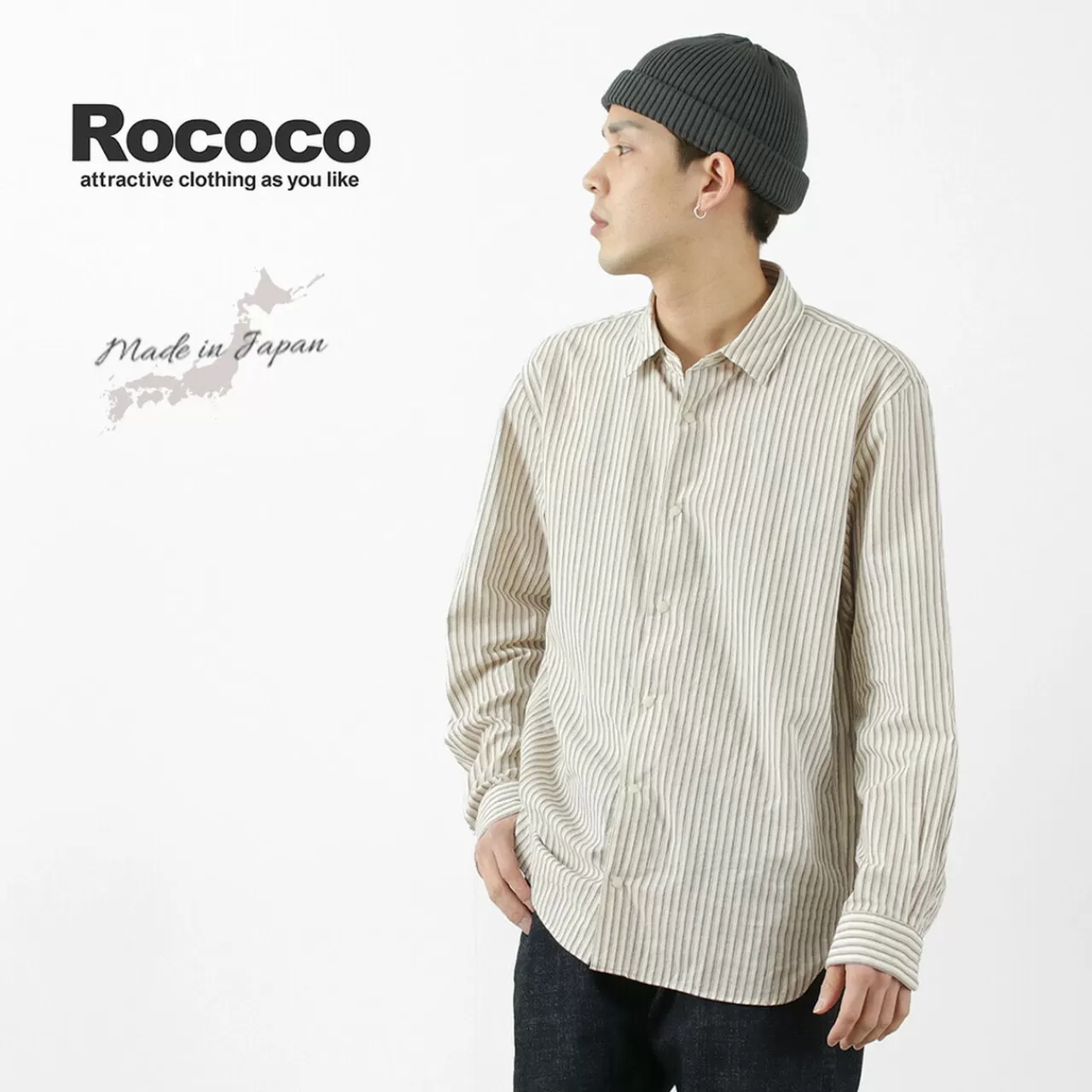 ROCOCO Long Sleeves>Cotton Linen Striped Snap Button Shirt Beige