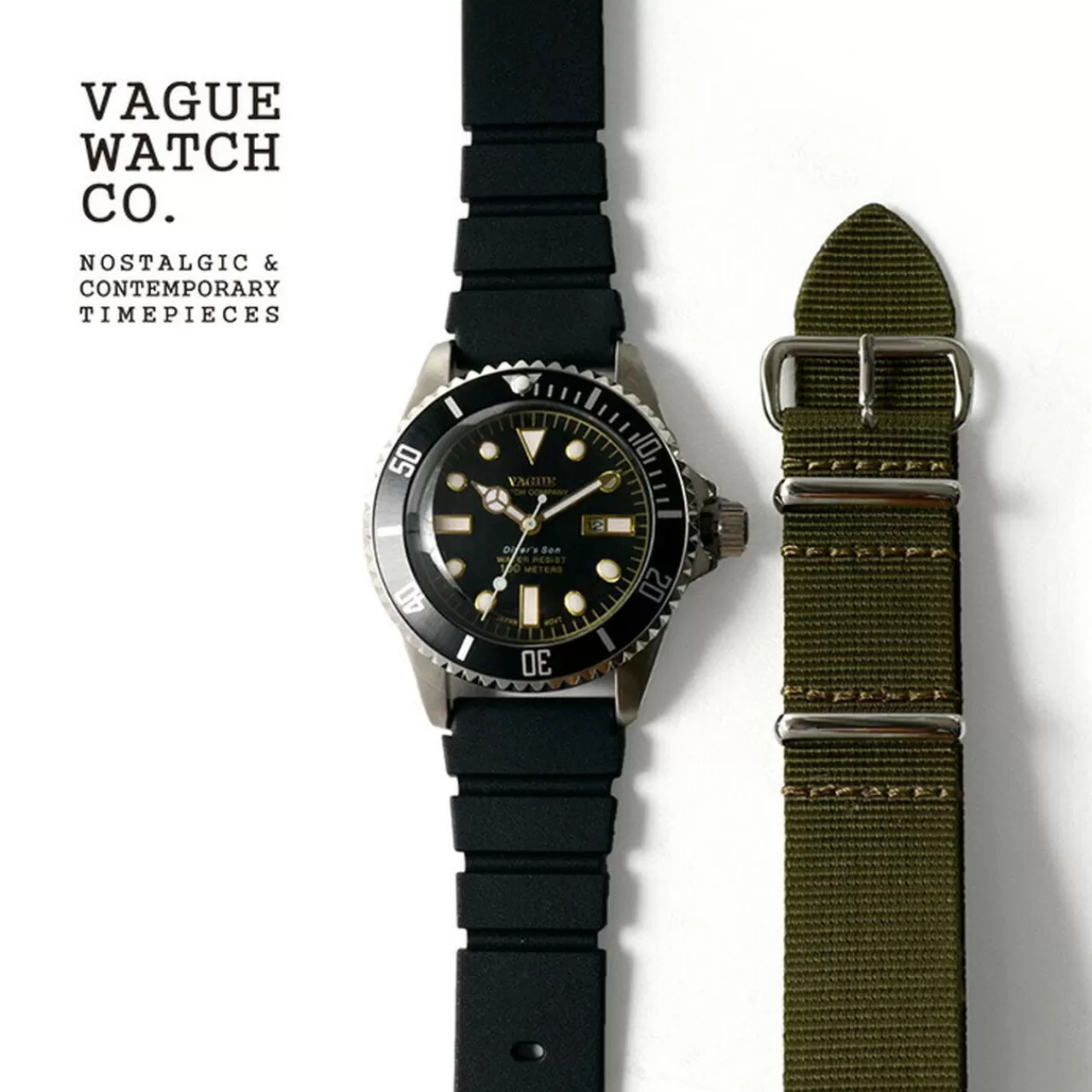 VAGUE WATCH Co. Watches>Diver'S Sun/Domed Windshield Steelandblack