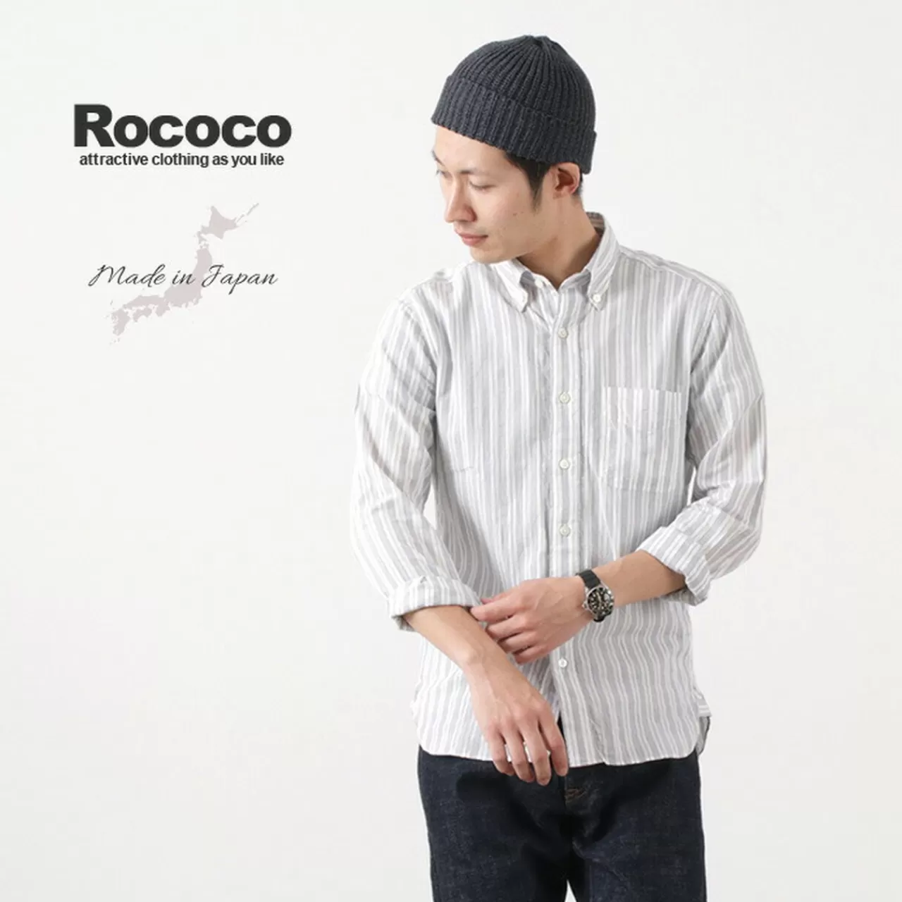 ROCOCO Long Sleeves>Dobby Stripe Button-Down Shirt White_Navy