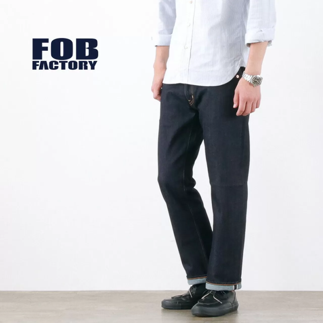 FOB FACTORY Trousers>F1138 Stretch 5P Tapered Serviette Denim Onewash