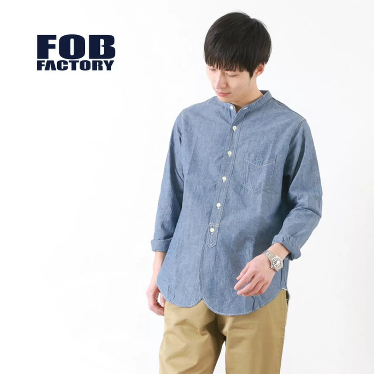 FOB FACTORY Long Sleeves>F3428 Selvig Chambray Band Collar Shirt/Long Sleeves Blue