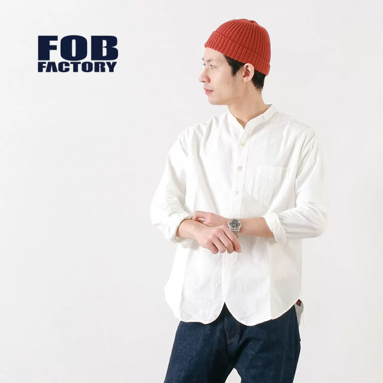 FOB FACTORY Long Sleeves>F3429 Ox Band Collar Shirt/Long-Sleeved White