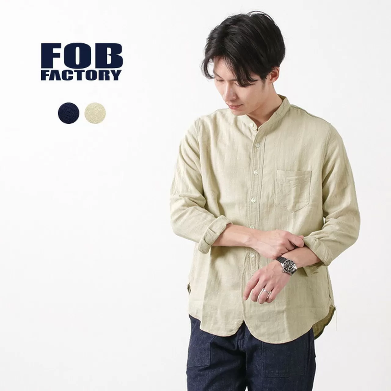 FOB FACTORY Long Sleeves>F3445 Band Collar Shirt