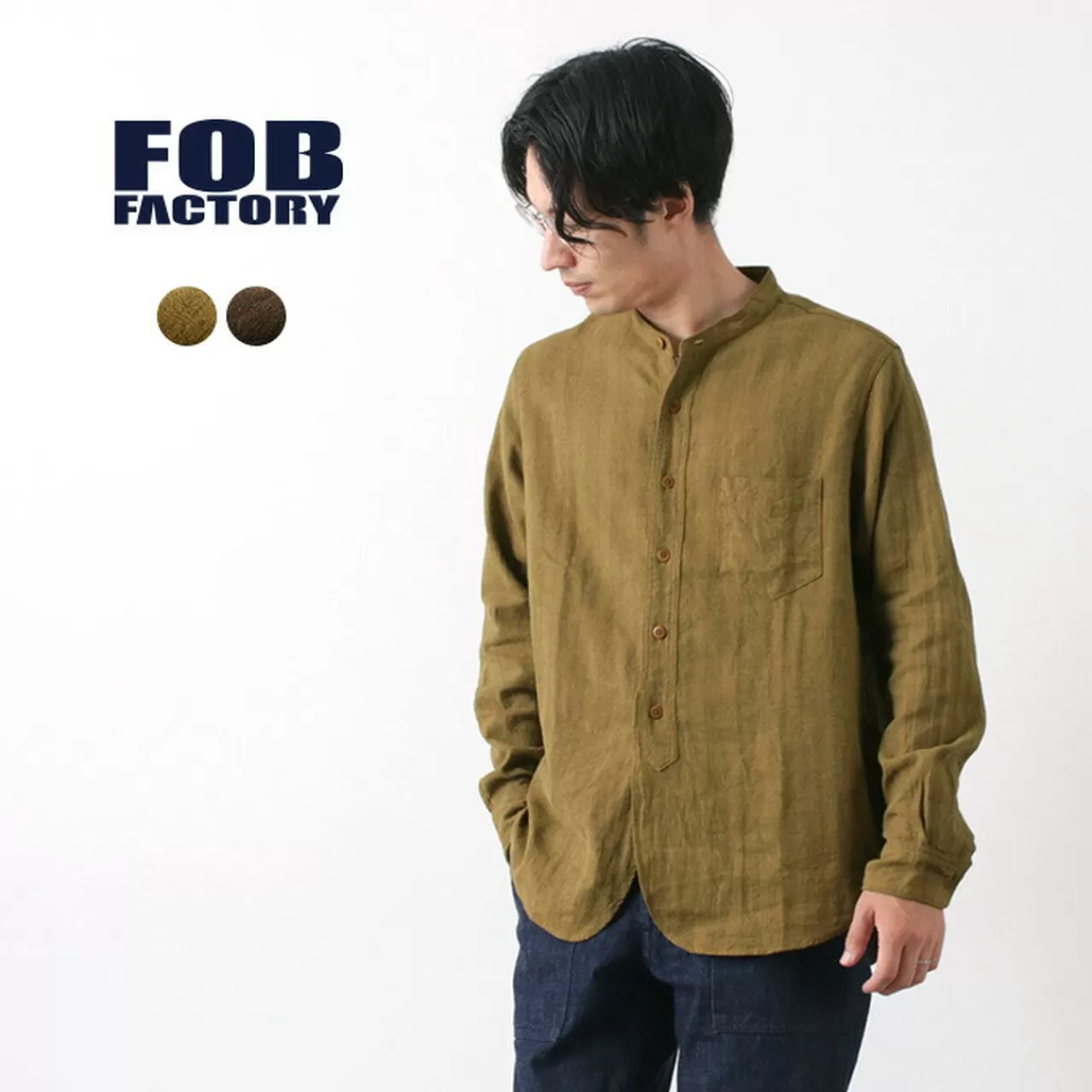 FOB FACTORY Long Sleeves>F3454 Linen Cotton Band Collar Shirt