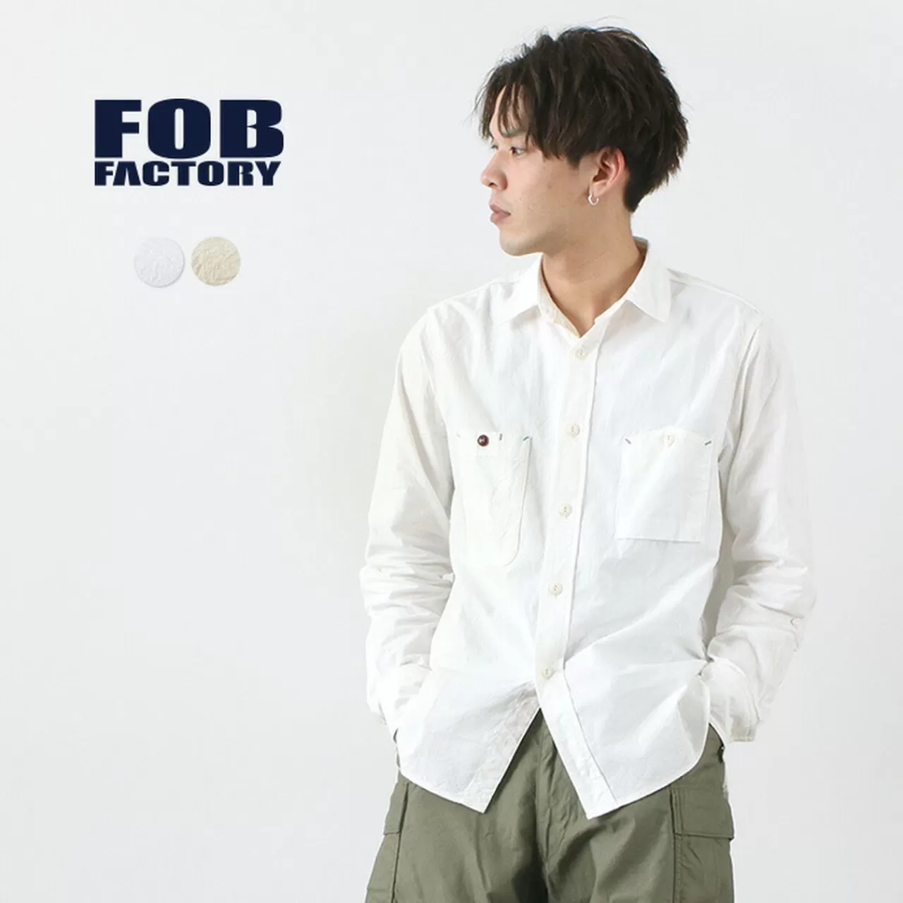 FOB FACTORY Long Sleeves>F3462 Yamapoke Ox Banded Collar Shirt