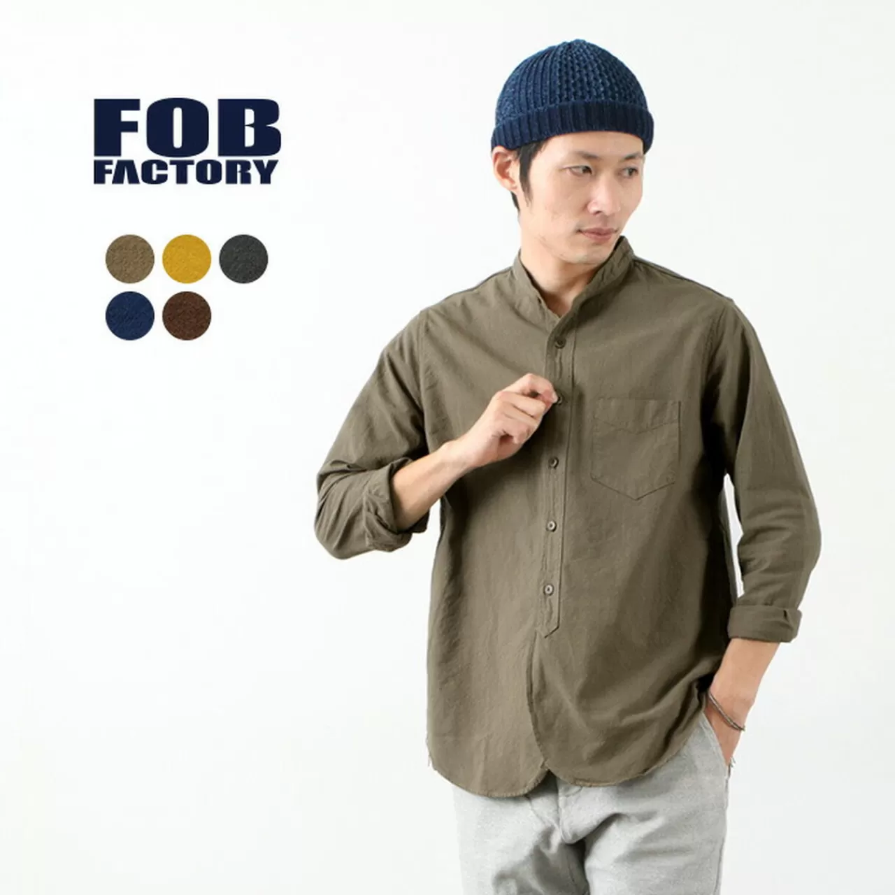 FOB FACTORY Long Sleeves>F3464 Dyed Band Collar Shirts