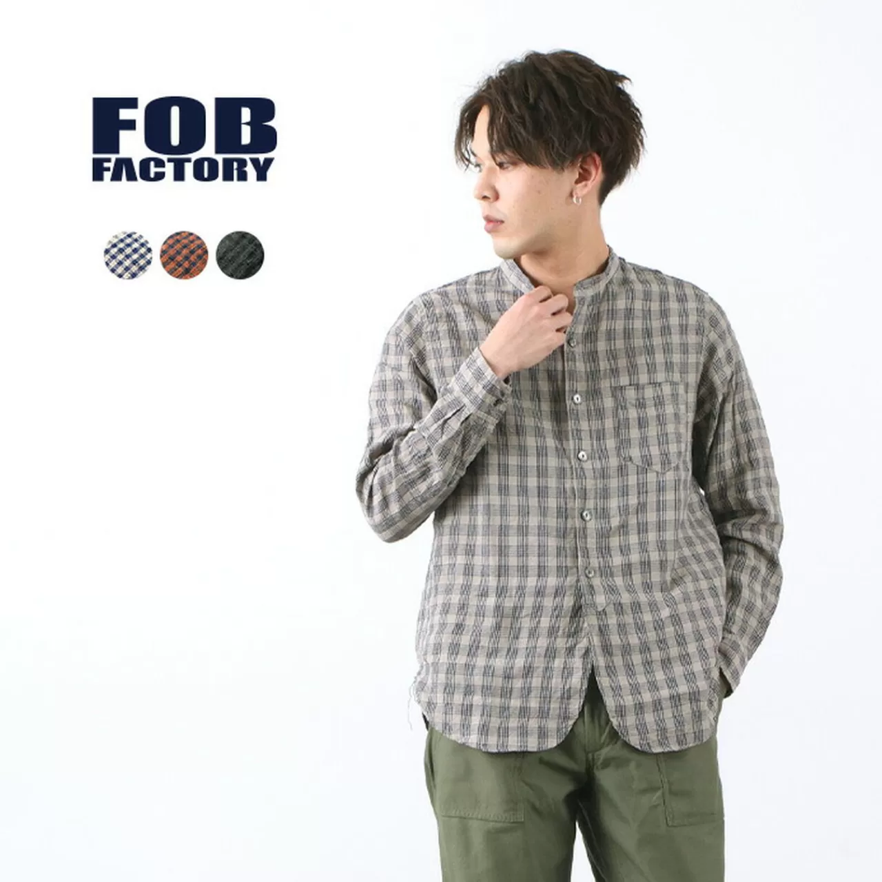 FOB FACTORY Long Sleeves>F3466 Checked Band Collar Shirt