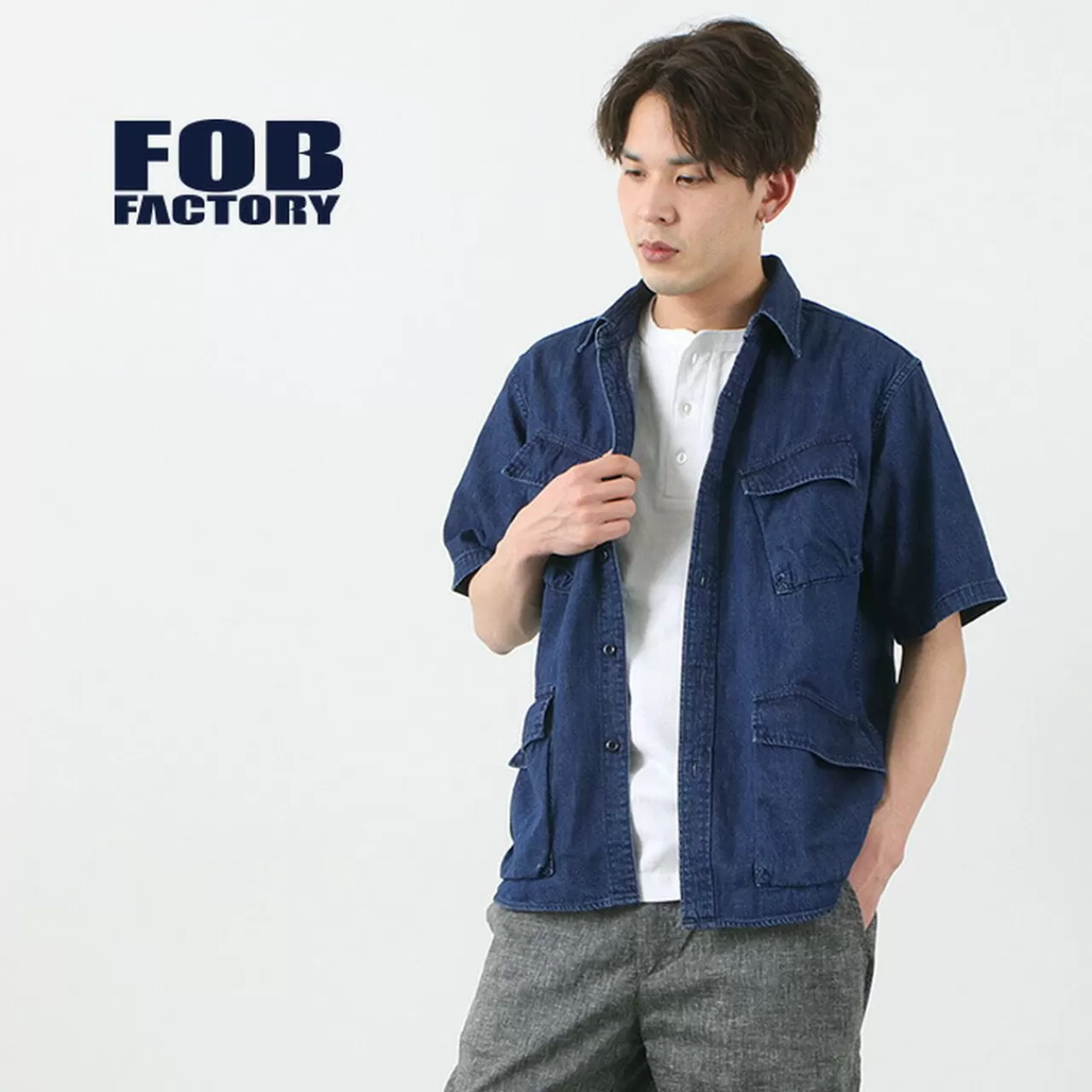 FOB FACTORY Short Sleeves>F3468 Denim Fatigues Short Sleeve Shirt Blue