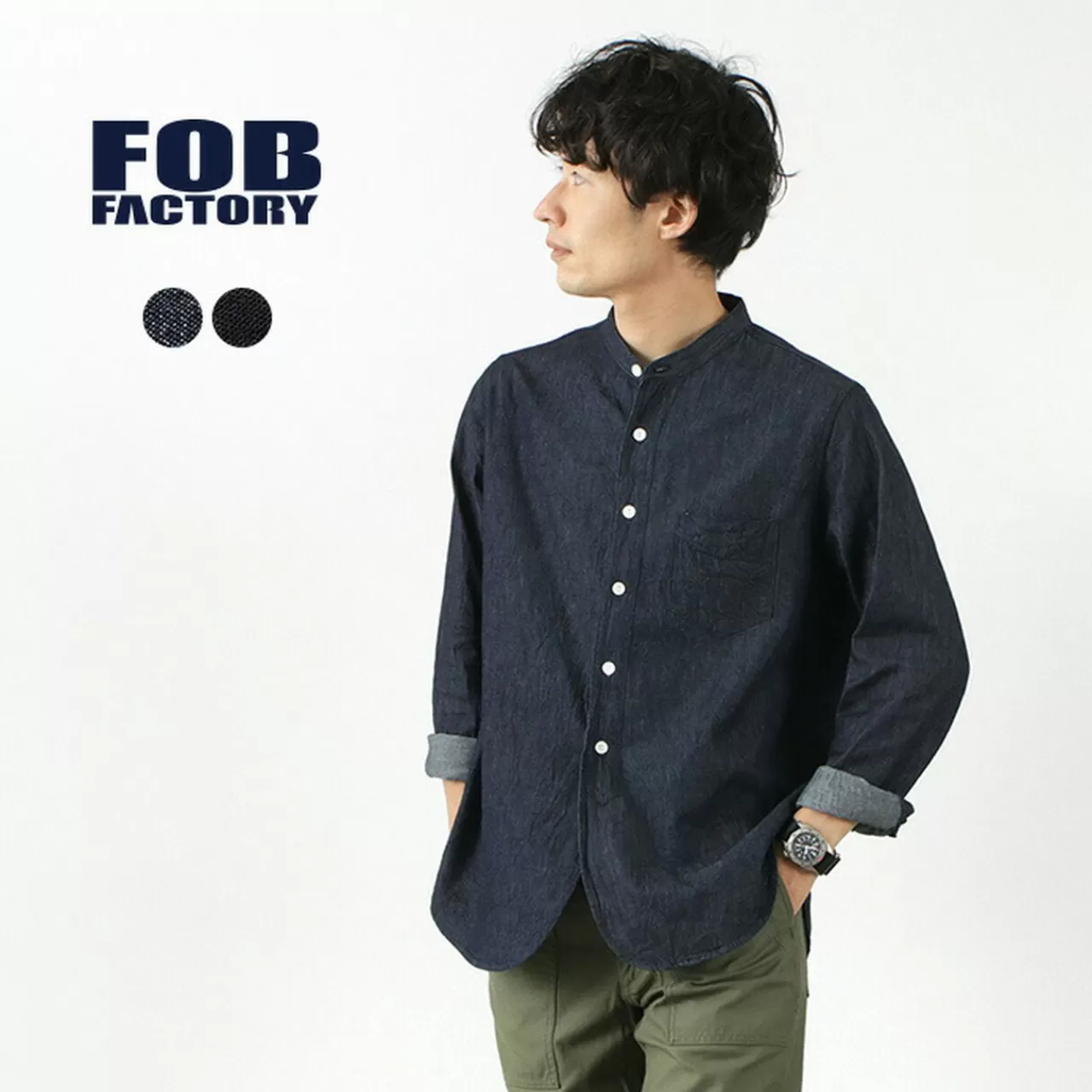 FOB FACTORY Long Sleeves>F3470 Denim Band Collar Shirt