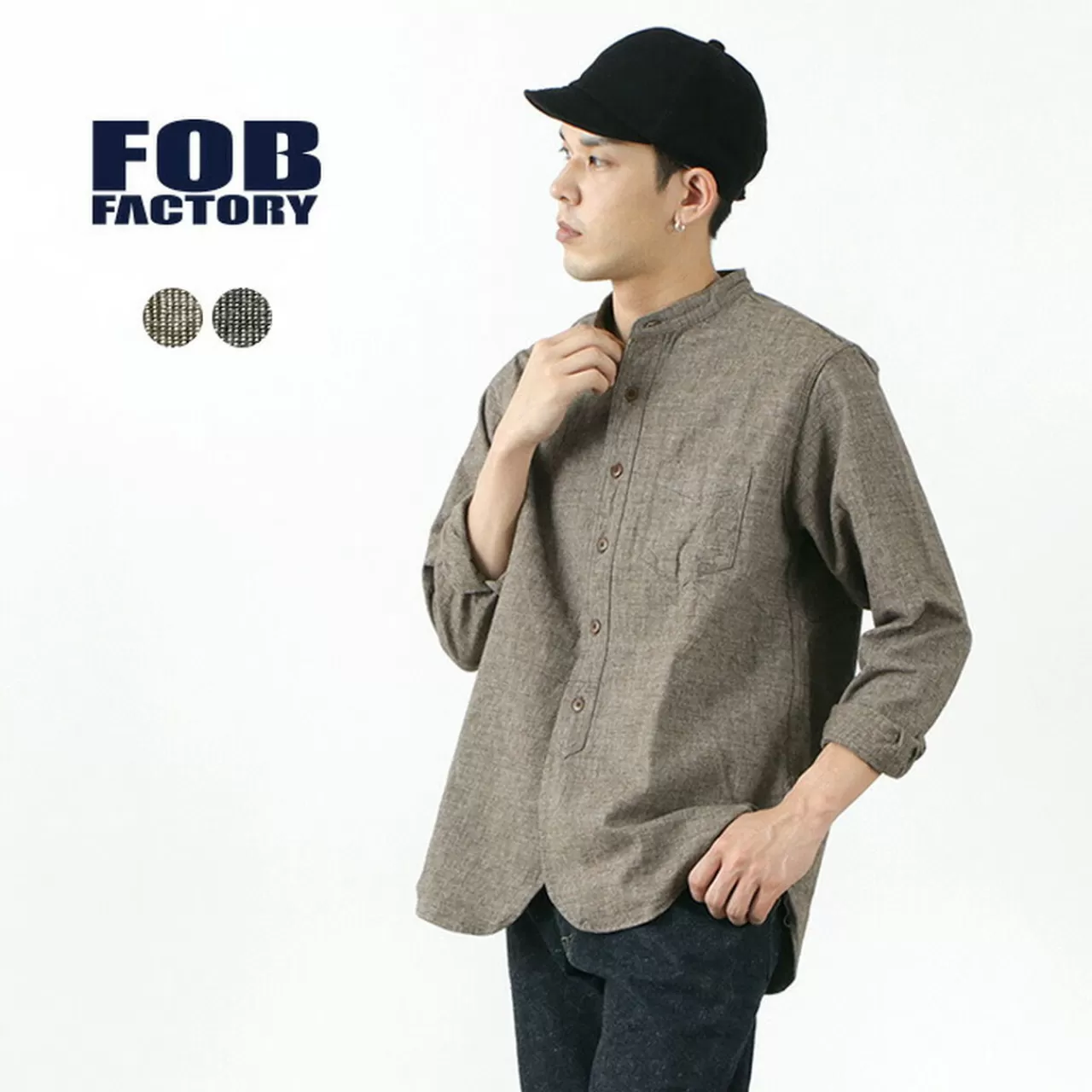 FOB FACTORY Long Sleeves>F3471 Tweed Band Collar Shirt