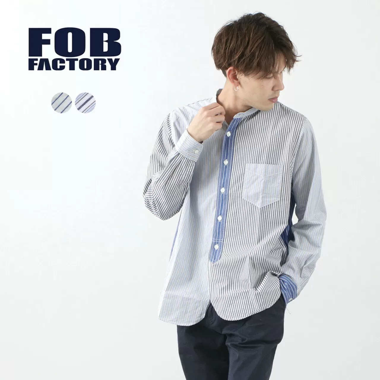 FOB FACTORY Long Sleeves>F3476 Crazy Stripe Band Collar Shirt