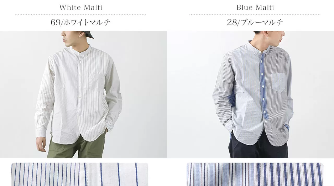 FOB FACTORY Long Sleeves>F3476 Crazy Stripe Band Collar Shirt