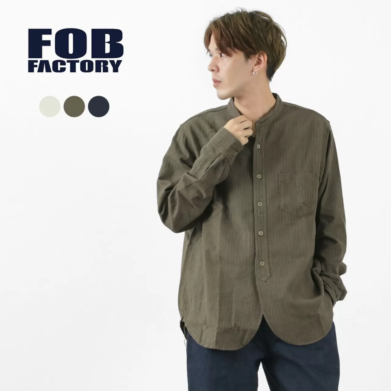 FOB FACTORY Long Sleeves>F3485 C/W Stripe Bandcollar Shirt