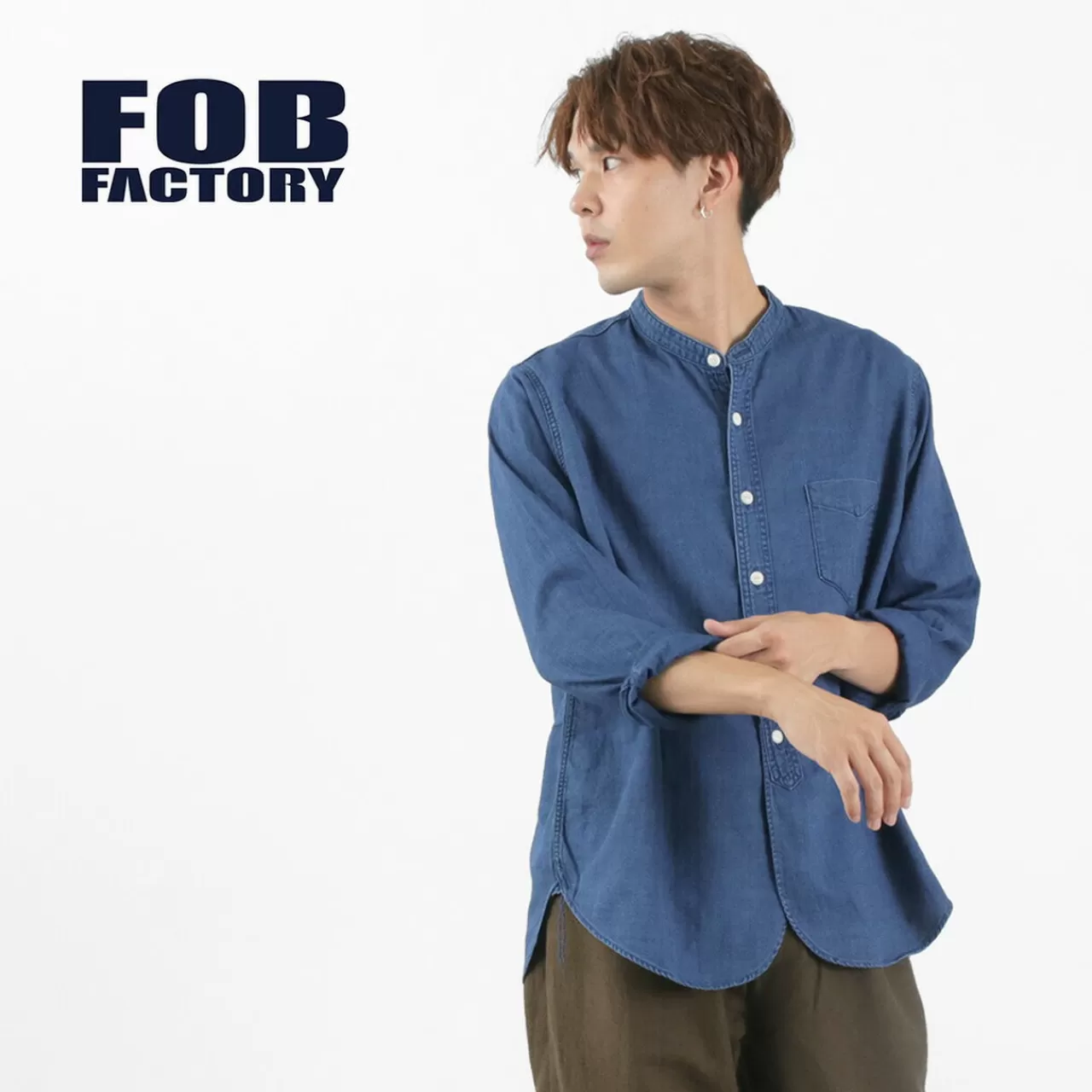 FOB FACTORY Long Sleeves>F3486 Indigo Heringborn Bandcollar Shirt Blue