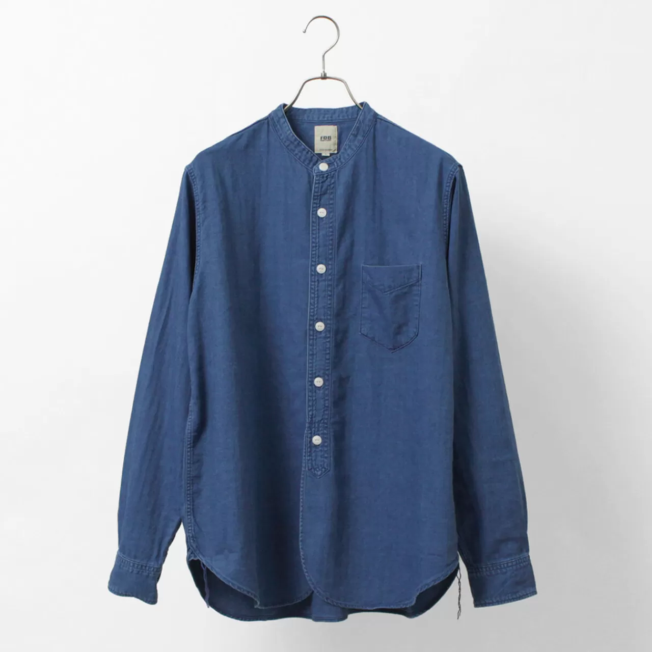 FOB FACTORY Long Sleeves>F3486 Indigo Heringborn Bandcollar Shirt Blue