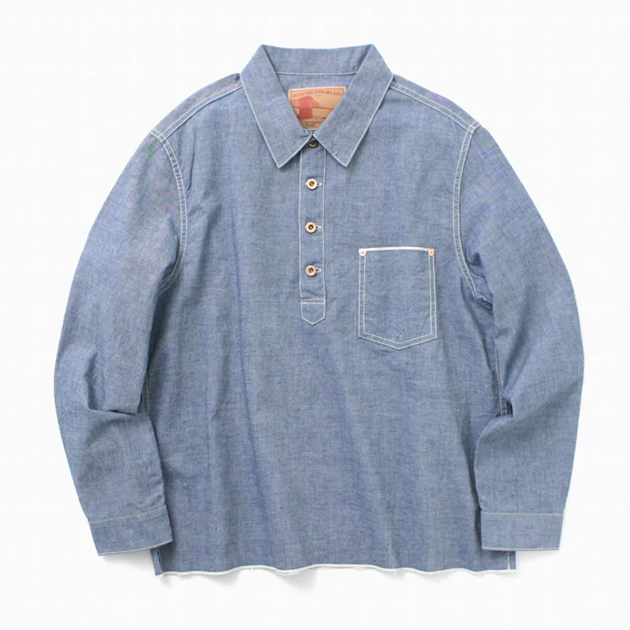 FOB FACTORY Long Sleeves>F3487 Chambray Pullover Shirt Blue