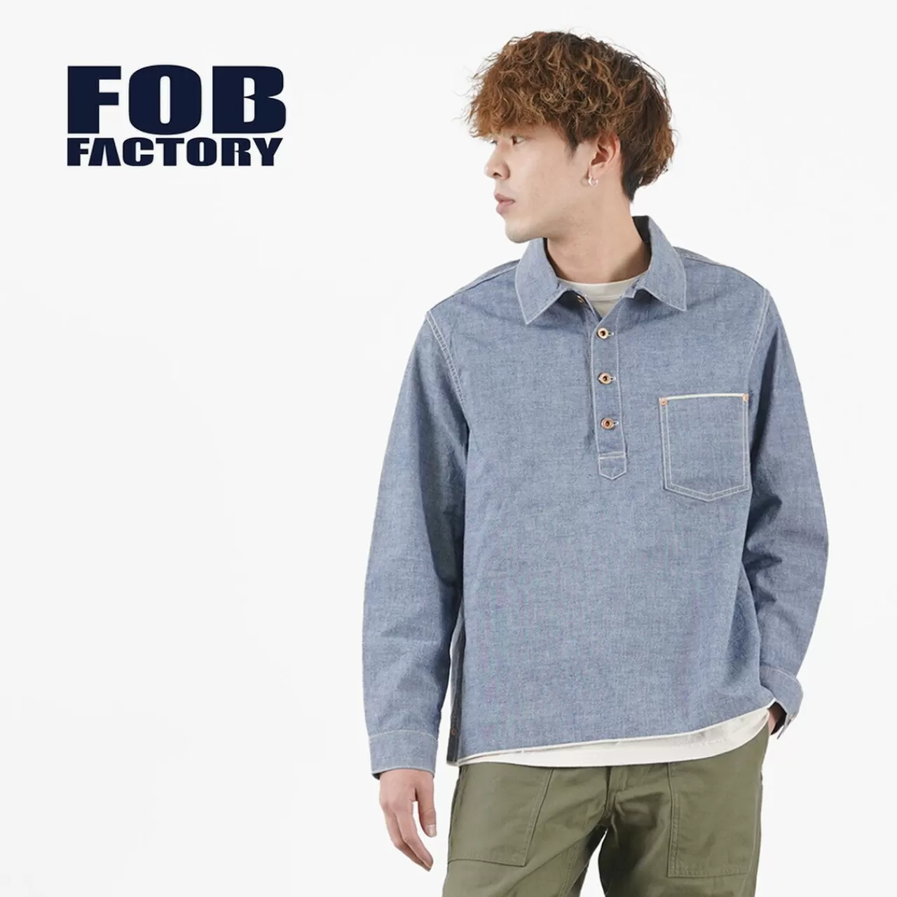 FOB FACTORY Long Sleeves>F3487 Chambray Pullover Shirt Blue