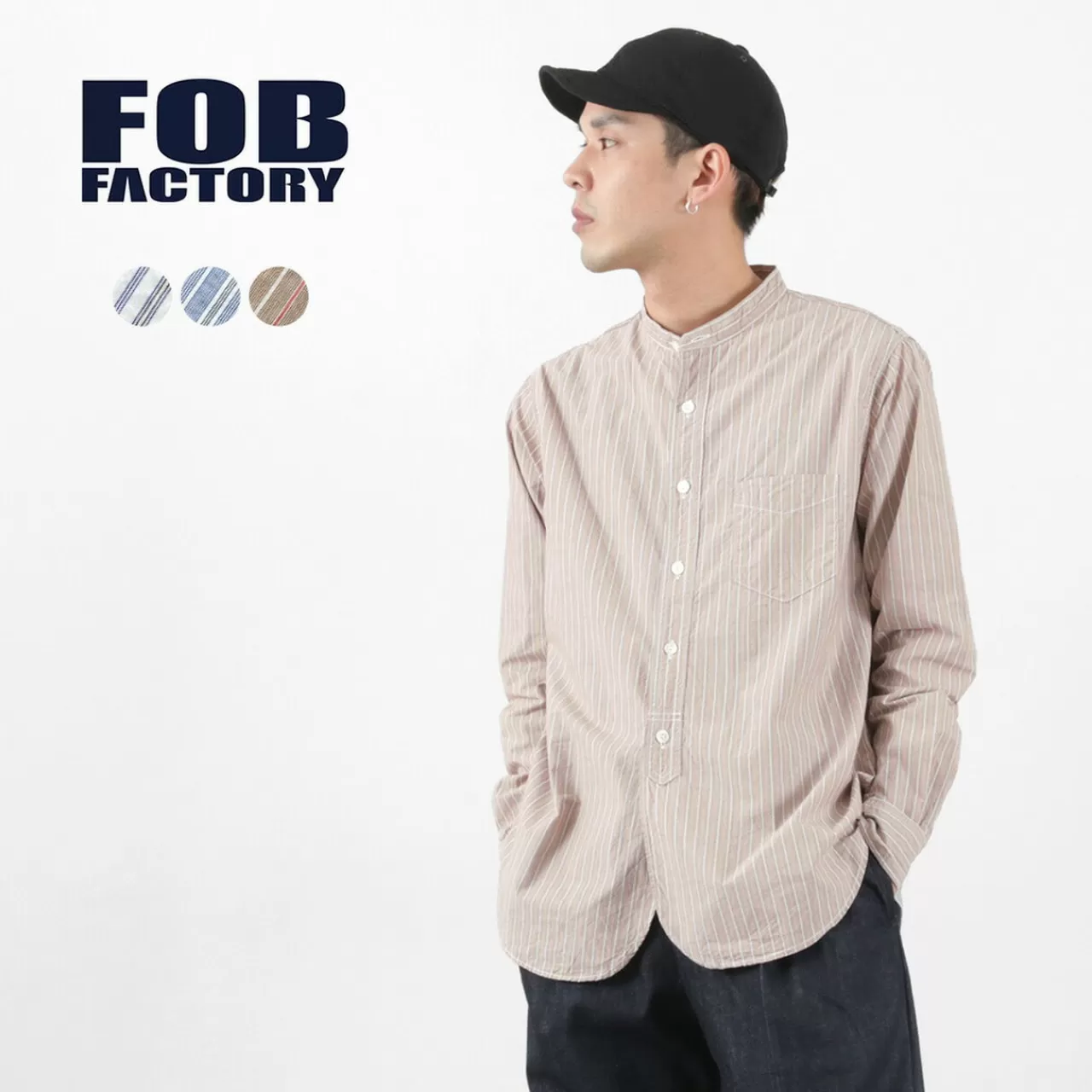 FOB FACTORY Long Sleeves>F3488 Striped Band Collar Shirt