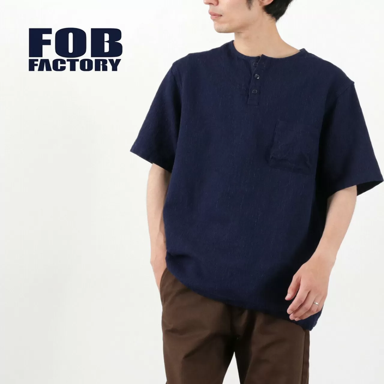 FOB FACTORY Short Sleeves>F3493 Waffle T-Shirt Indigo