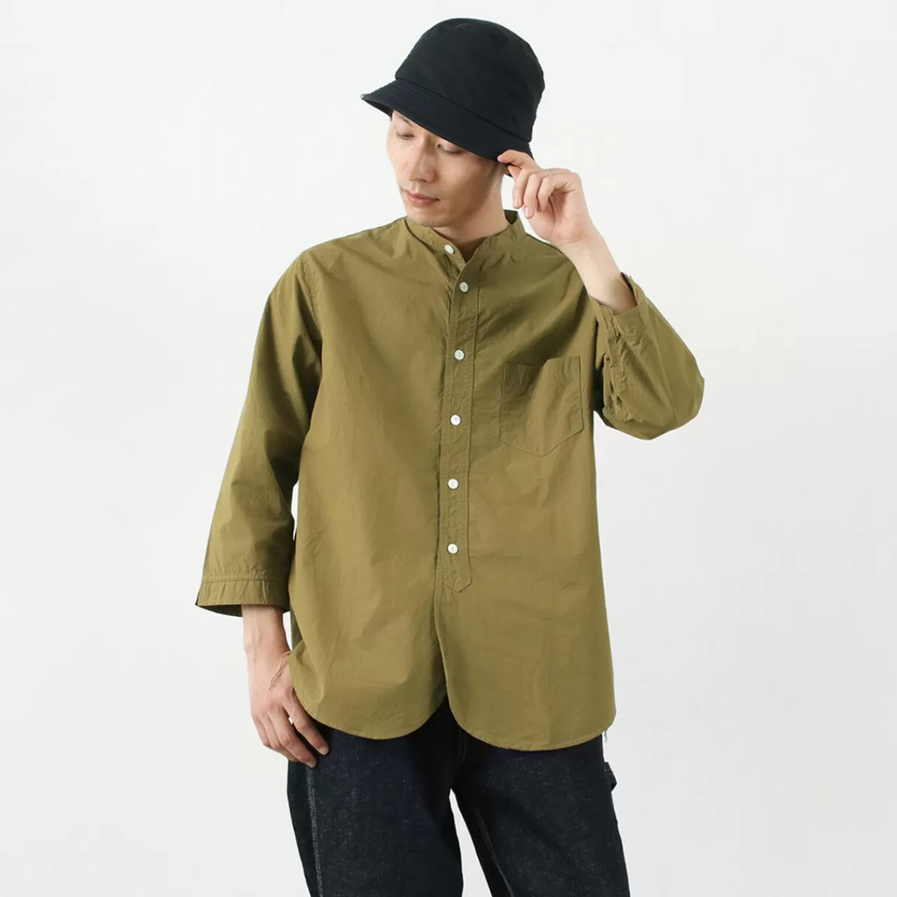 FOB FACTORY Long Sleeves>Frc006 Special Order Military Dump Band Collar Shirt Three Quarter Sleeve