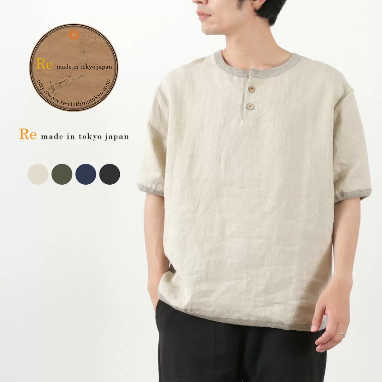 RE MADE IN TOKYO JAPAN Short Sleeves>French Linen Henley Neck T-Shirt