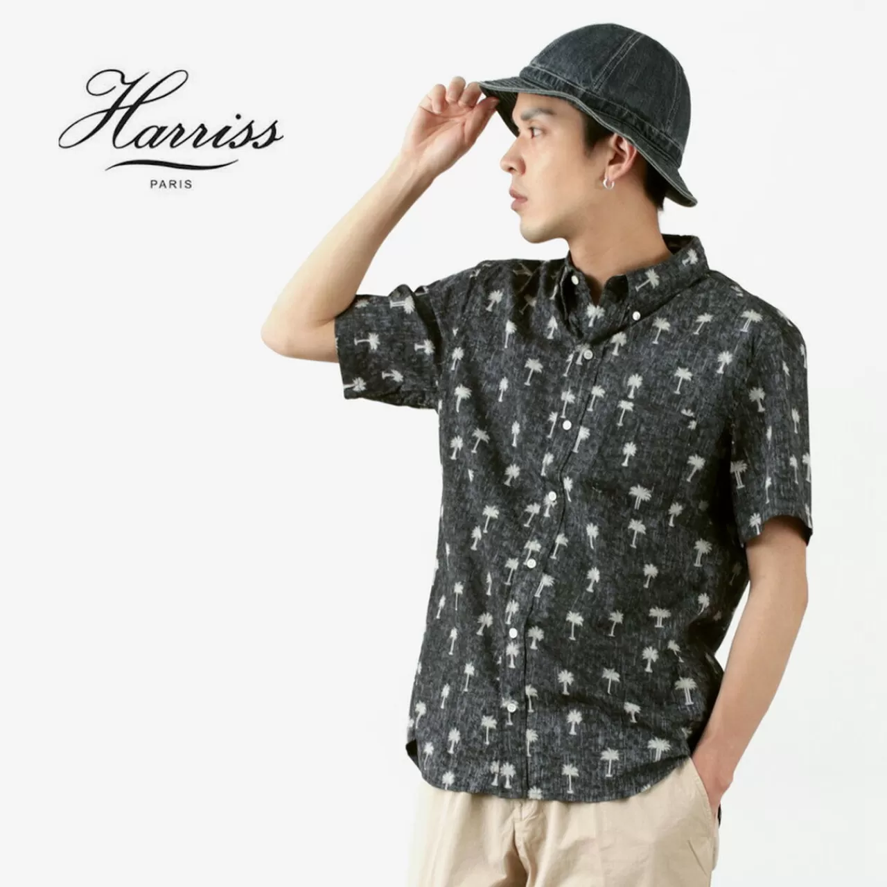 HARRISS Short Sleeves>Hawaiian Button Down Shirt (Palm Tree) Navy