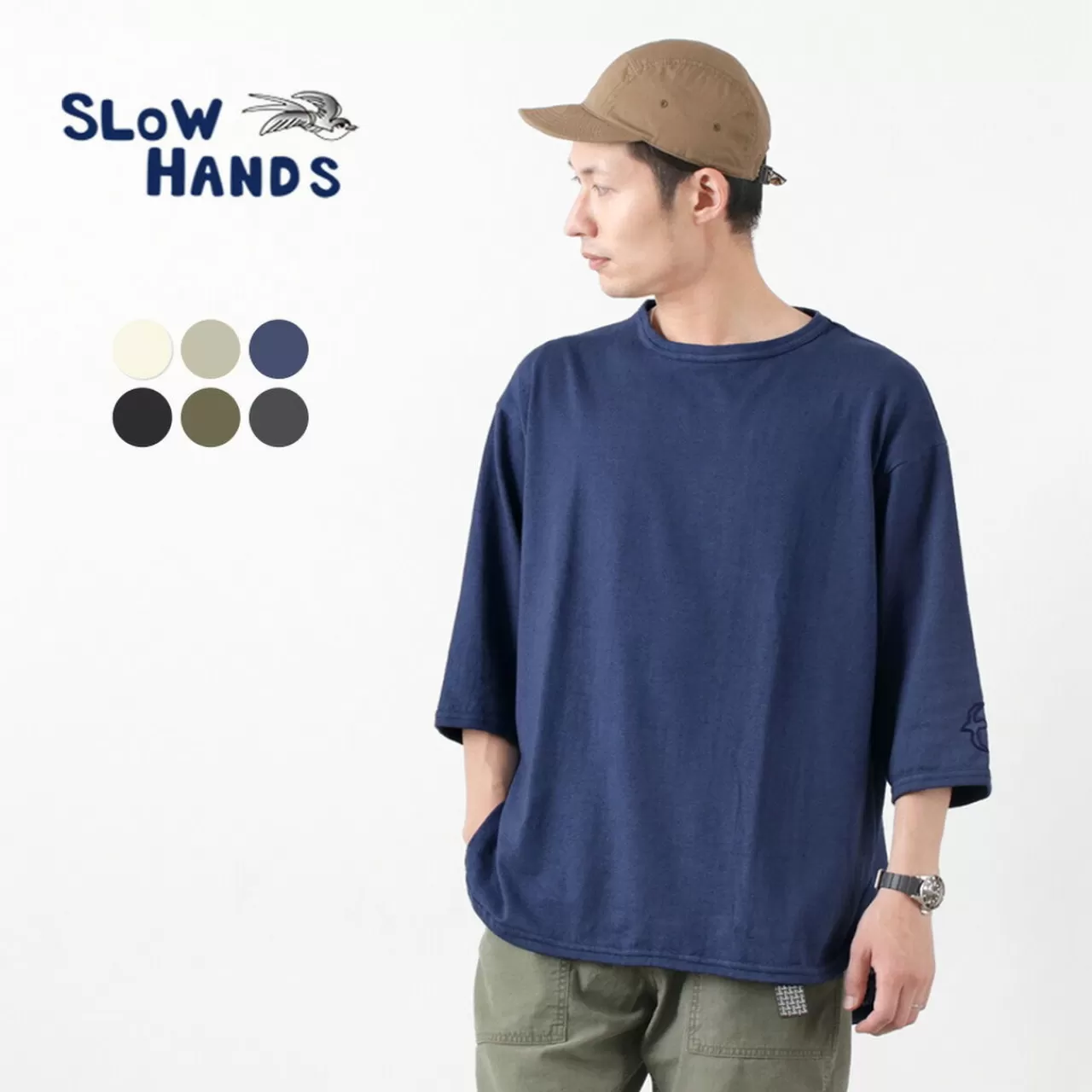 SLOW HANDS 3/4 Sleeves>Hemp Cotton Crew Neck T-Shirt Six Quarter Sleeves