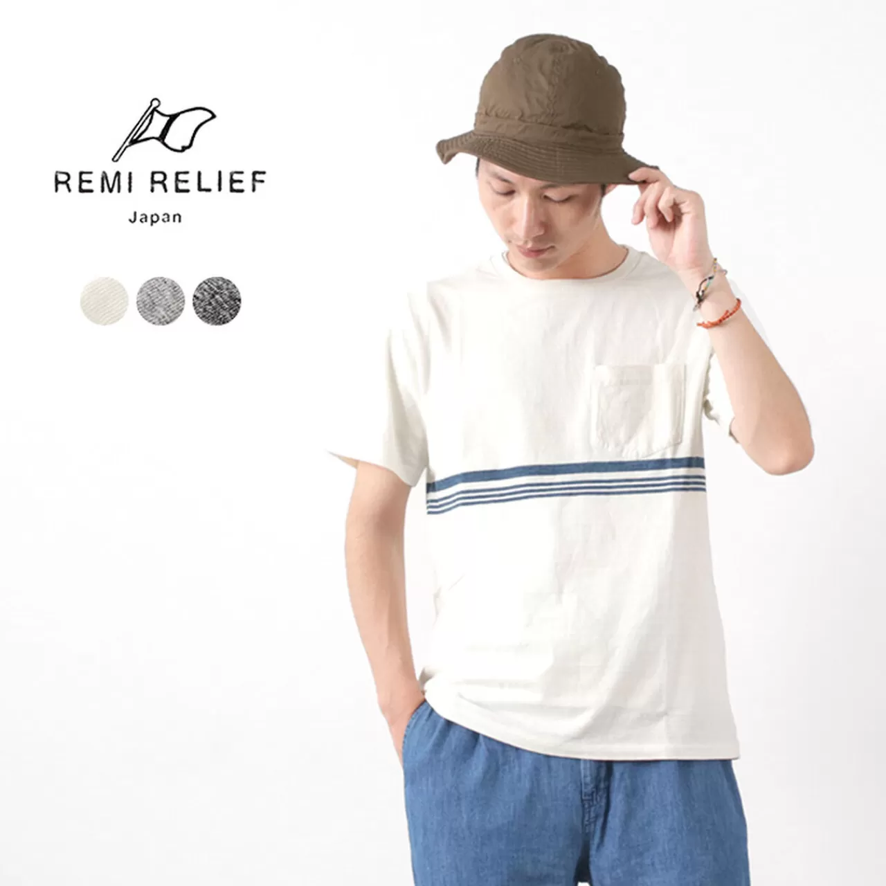 REMI RELIEF Short Sleeves>Indigo Jacquard Striped T-Shirt