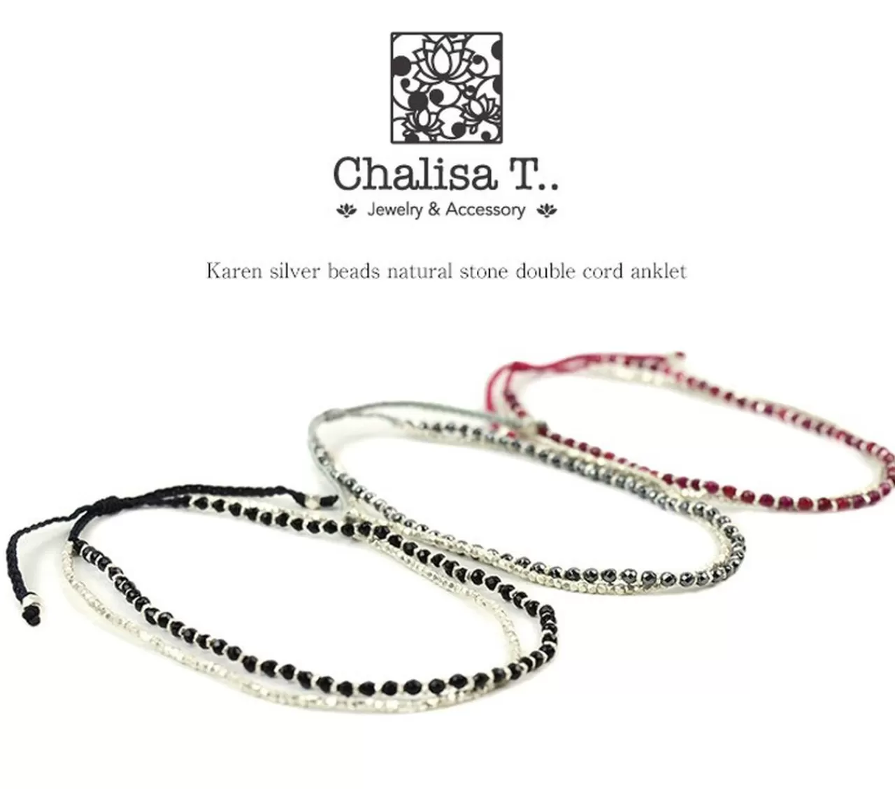 CHALISA T.. Anklets>Karen Silver Bead Natural Stone Double Cord Anklet