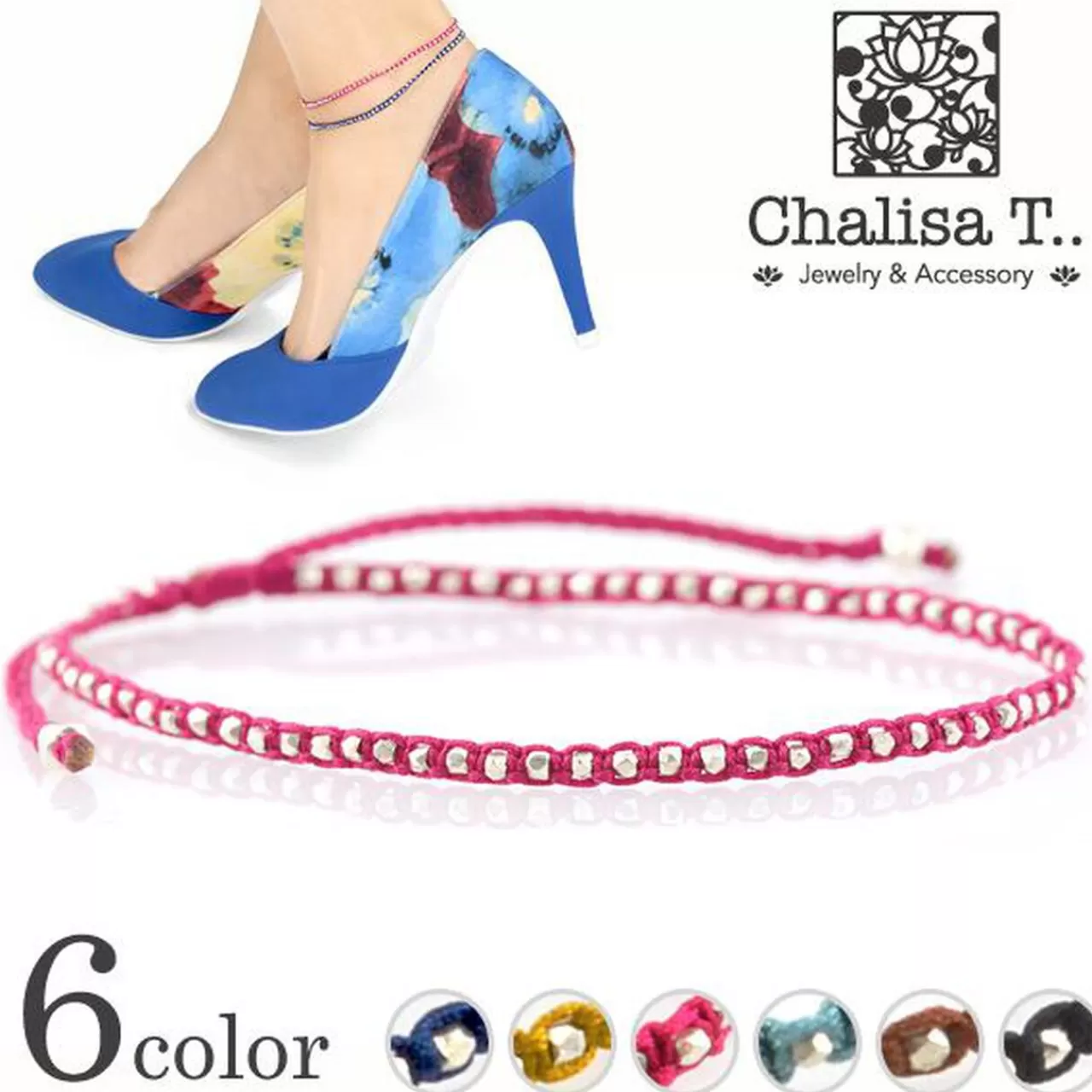 CHALISA T.. Anklets>Karen Silver Beaded Knotted Cord Anklet