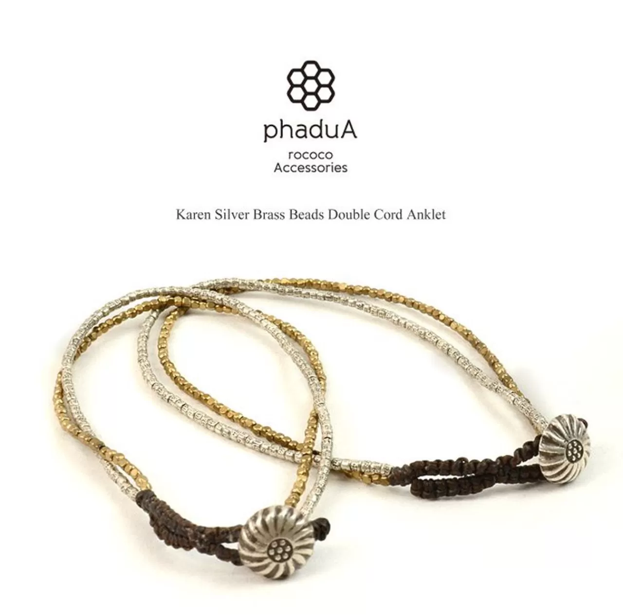 PHADUA Anklets>Karen Silver Beads Brass Double Cord Anklet Silver_Gold