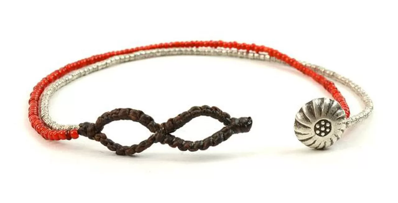 PHADUA Anklets>Karen Silver Beads White Heart Double Cord Anklet Silver_Red