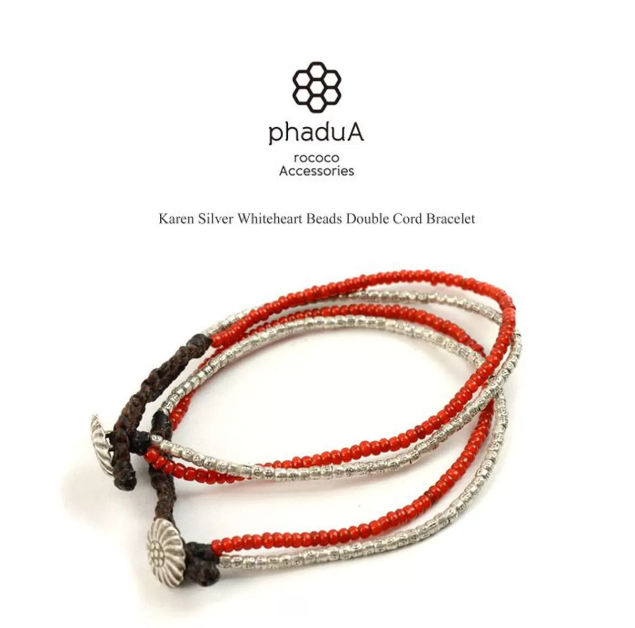 PHADUA Bracelets>Karen Silver Beads White Heart Double Cord Bracelet Silver_Red