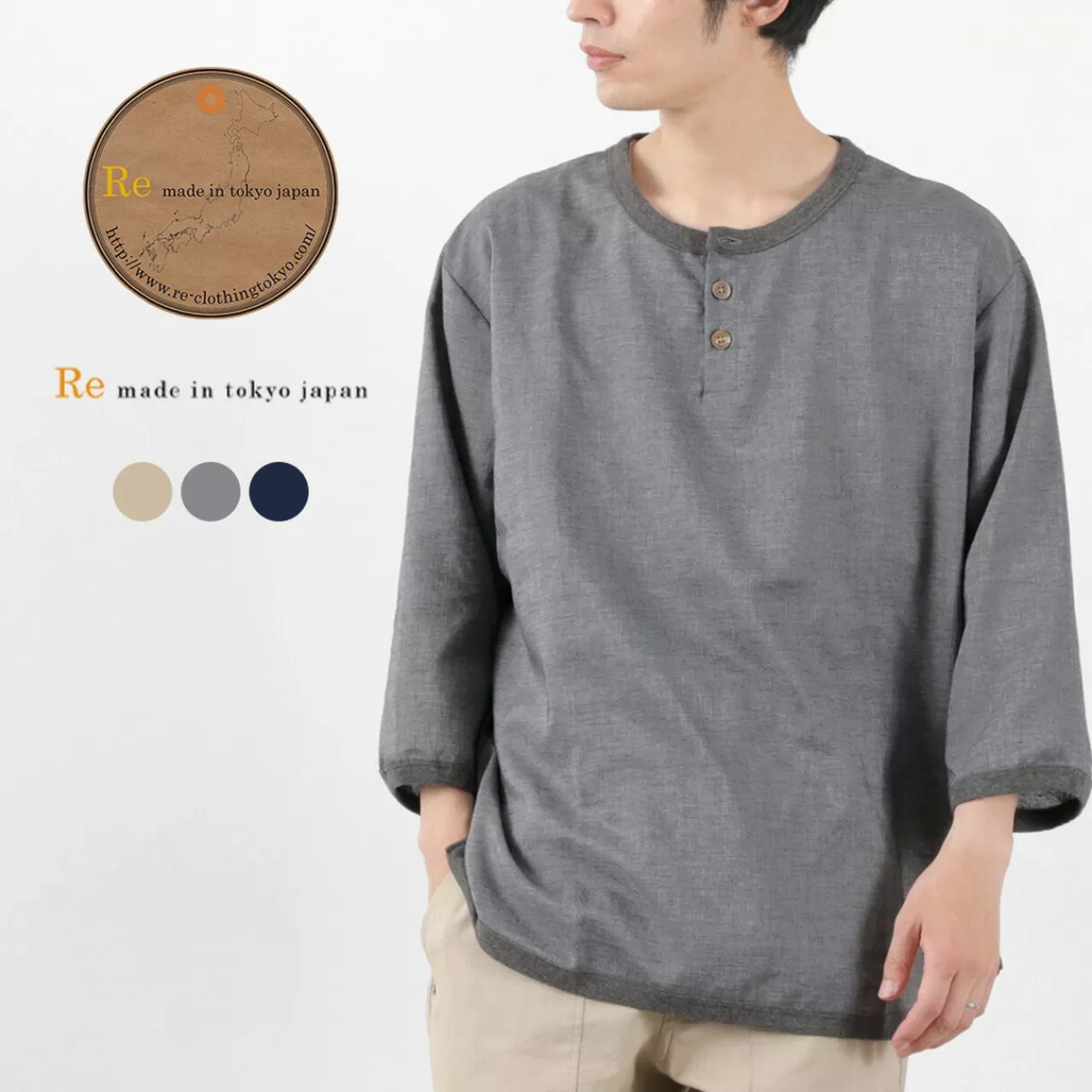 RE MADE IN TOKYO JAPAN 3/4 Sleeves>Linen Canvas Henry Neck T-Shirt