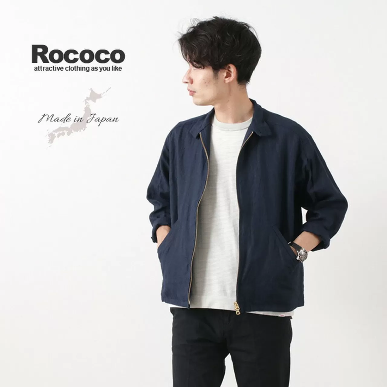 ROCOCO Jackets>Linen Harrington Jacket Navy