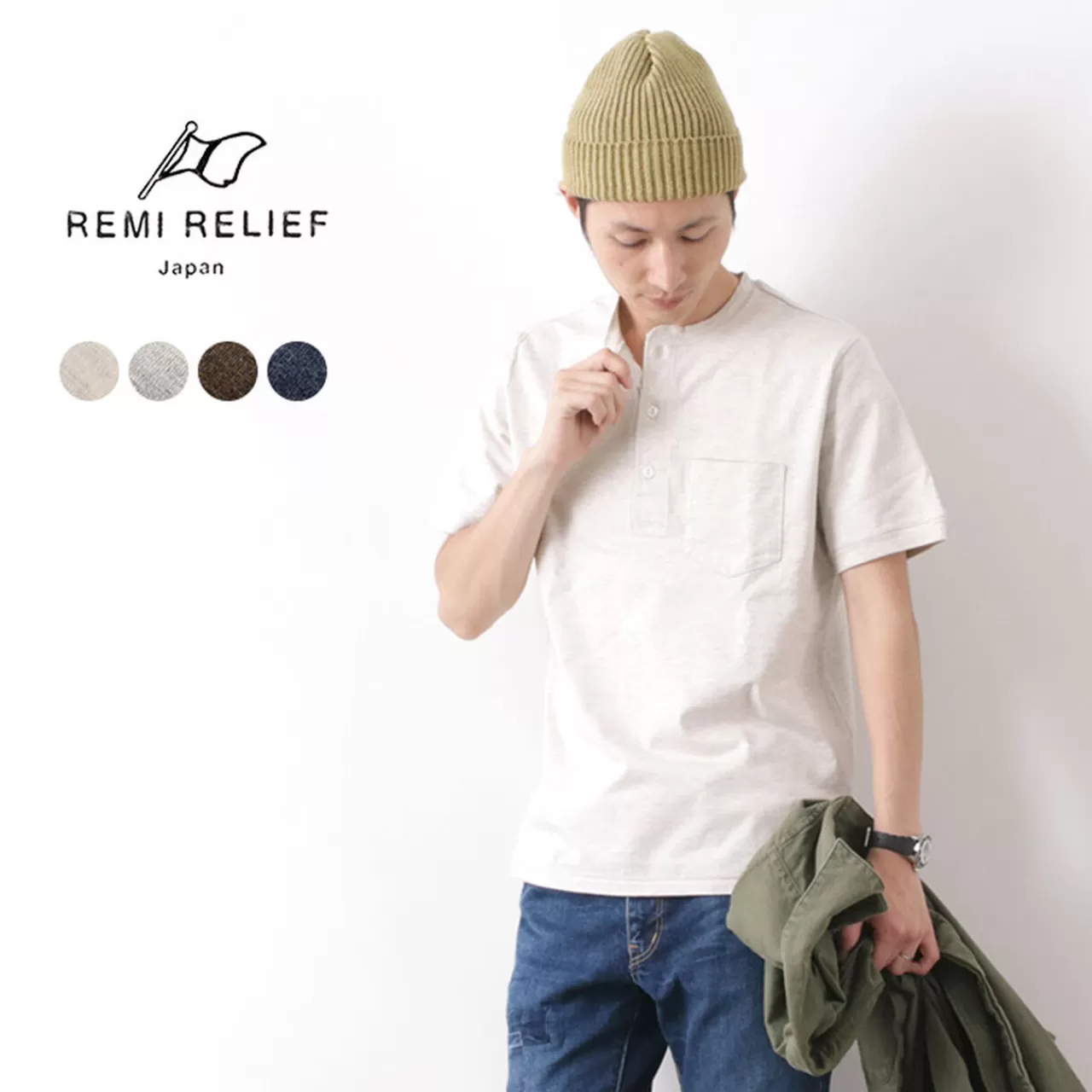 REMI RELIEF Short Sleeves>Melange Super Stuffed Jersey Henley Neck T-Shirt