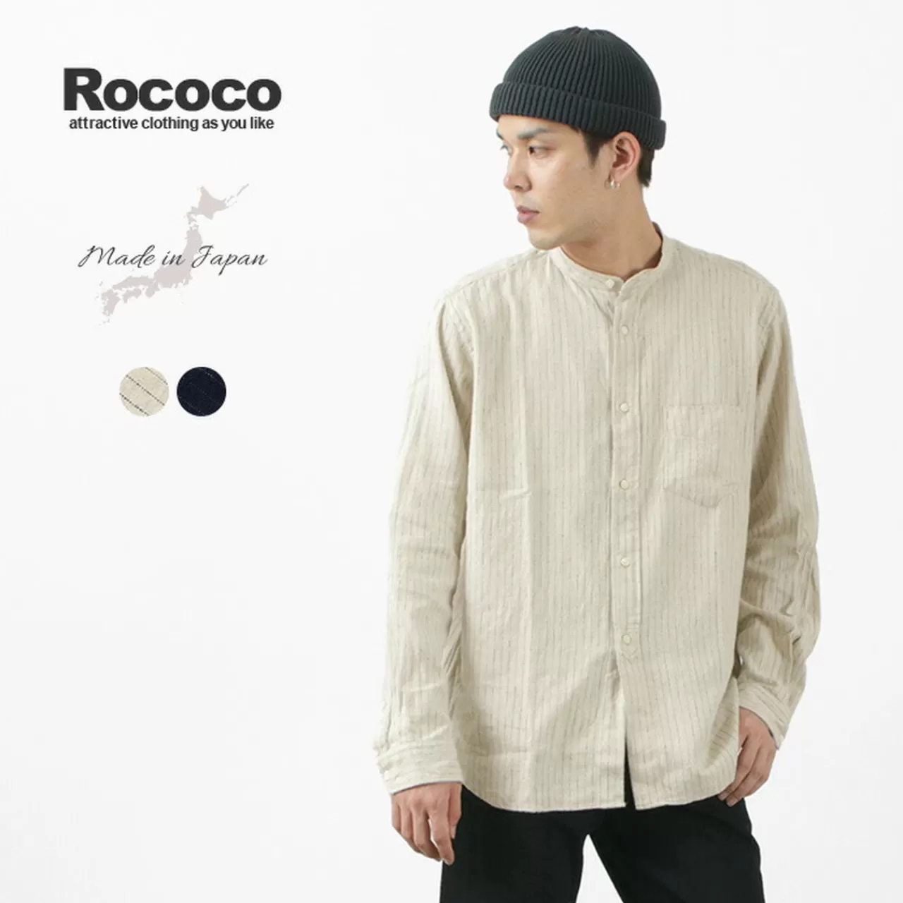 ROCOCO Long Sleeves>Raised Pinstripe Band Collar Shirt