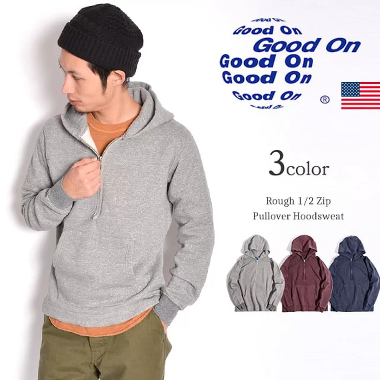 GOOD ON Long Sleeves>Ruff Half Zip Pullover Hooded Sweatshirt