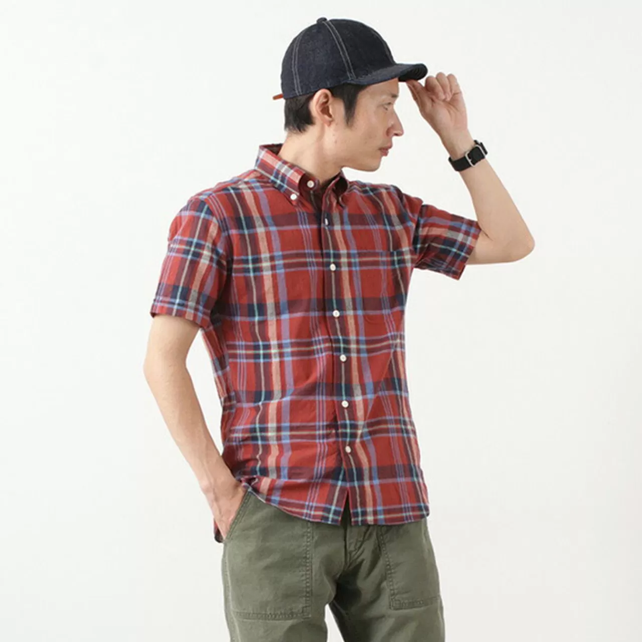 ROCOCO Short Sleeves>Short Sleeved Cotton Linen Lamy Madras Check Button Down Shirt Red