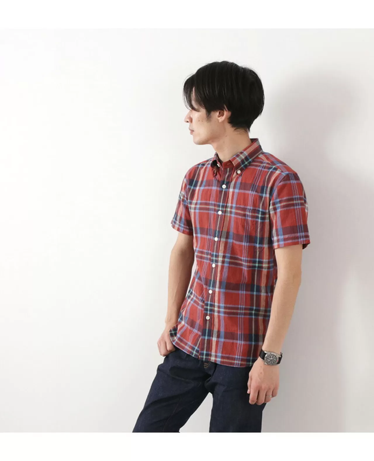 ROCOCO Short Sleeves>Short Sleeved Cotton Linen Lamy Madras Check Button Down Shirt Red