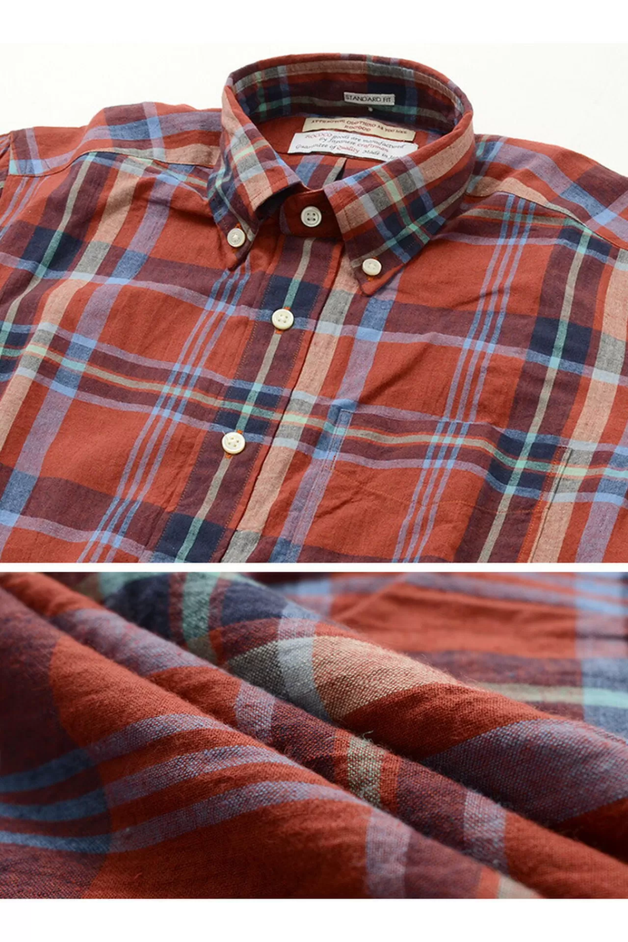 ROCOCO Short Sleeves>Short Sleeved Cotton Linen Lamy Madras Check Button Down Shirt Red