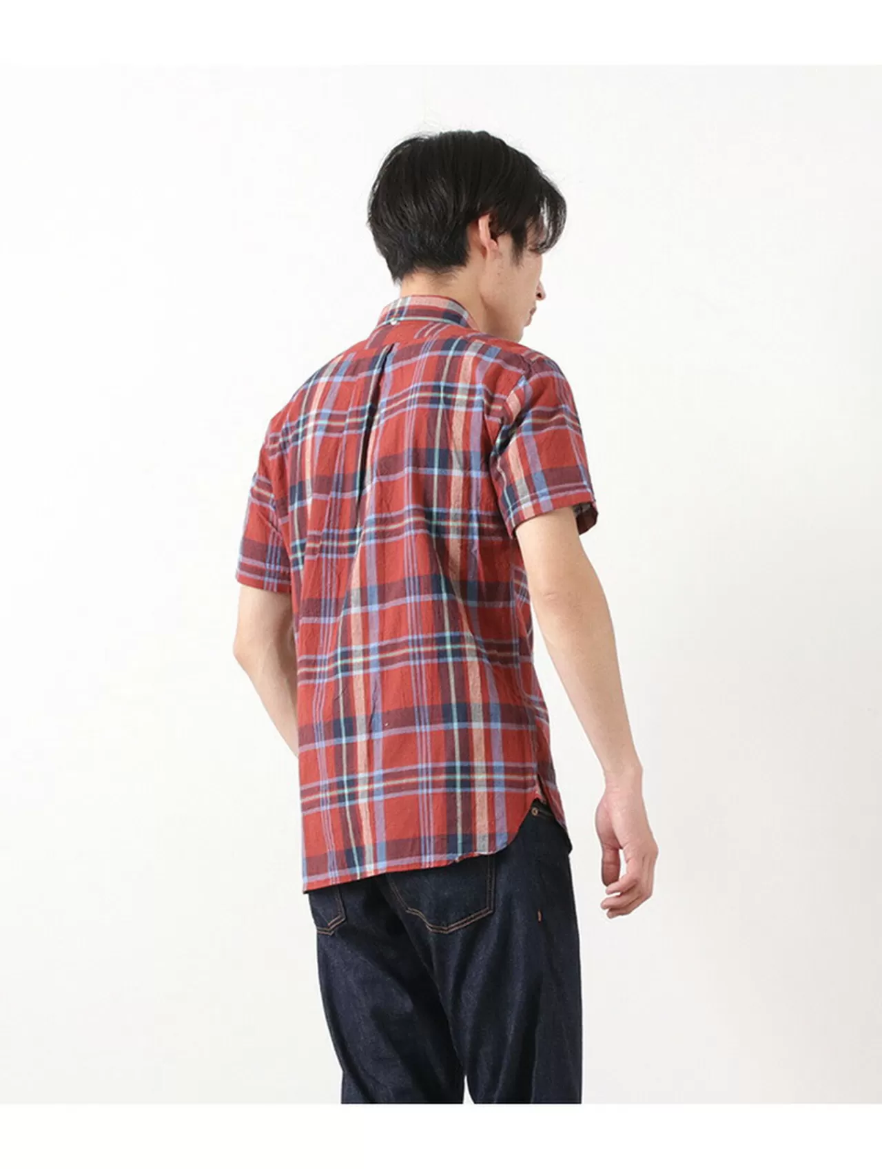 ROCOCO Short Sleeves>Short Sleeved Cotton Linen Lamy Madras Check Button Down Shirt Red