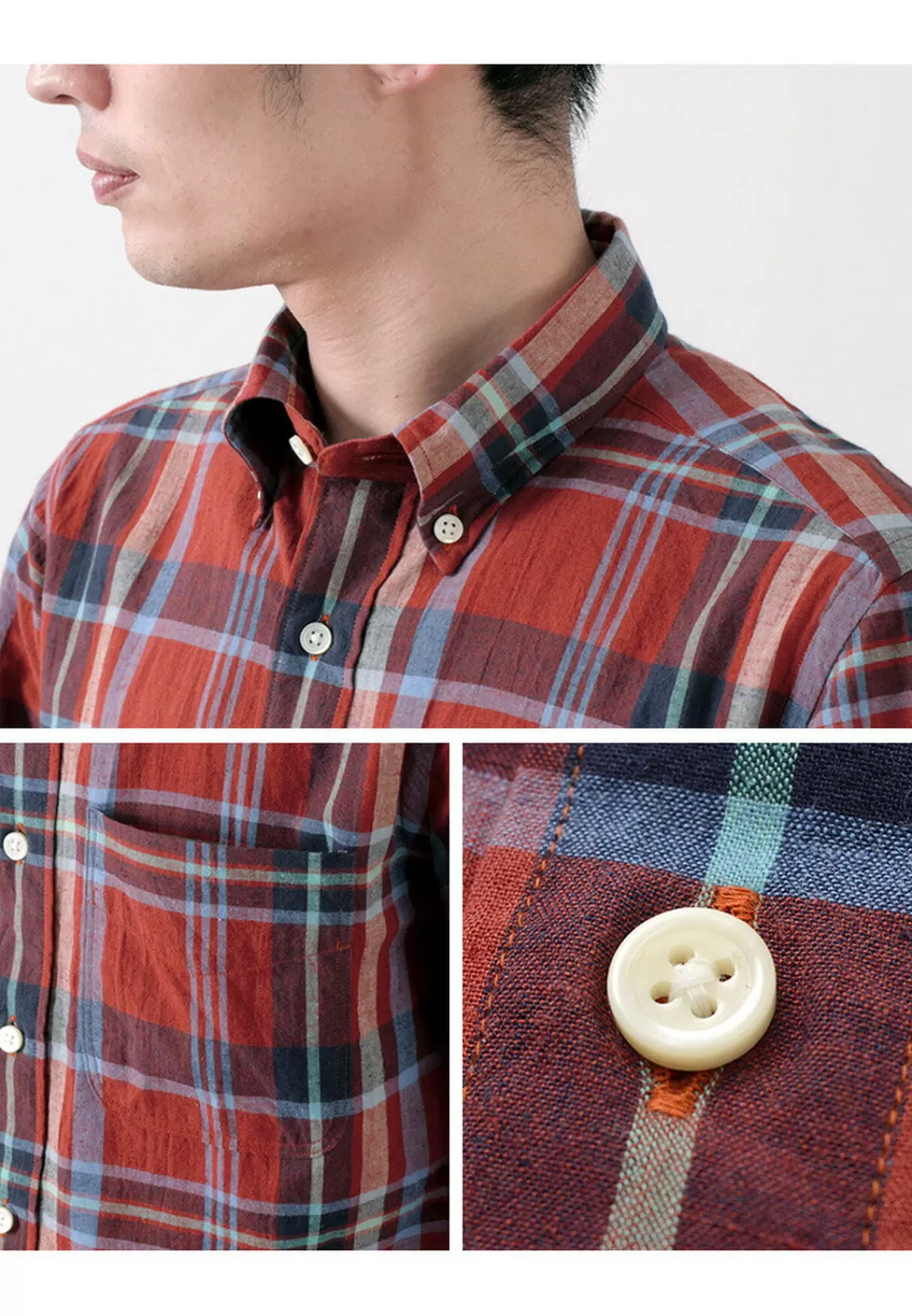 ROCOCO Short Sleeves>Short Sleeved Cotton Linen Lamy Madras Check Button Down Shirt Red