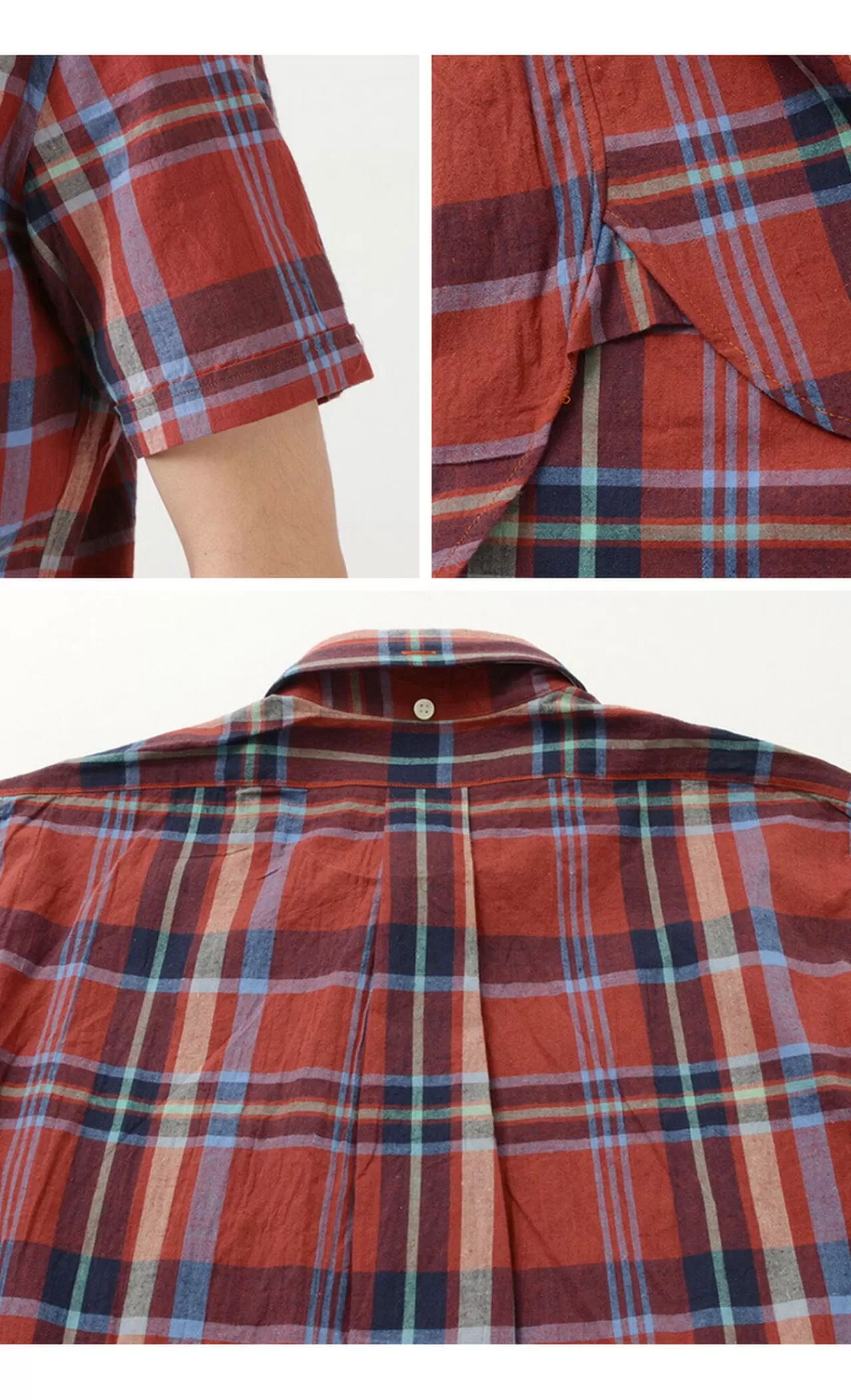 ROCOCO Short Sleeves>Short Sleeved Cotton Linen Lamy Madras Check Button Down Shirt Red